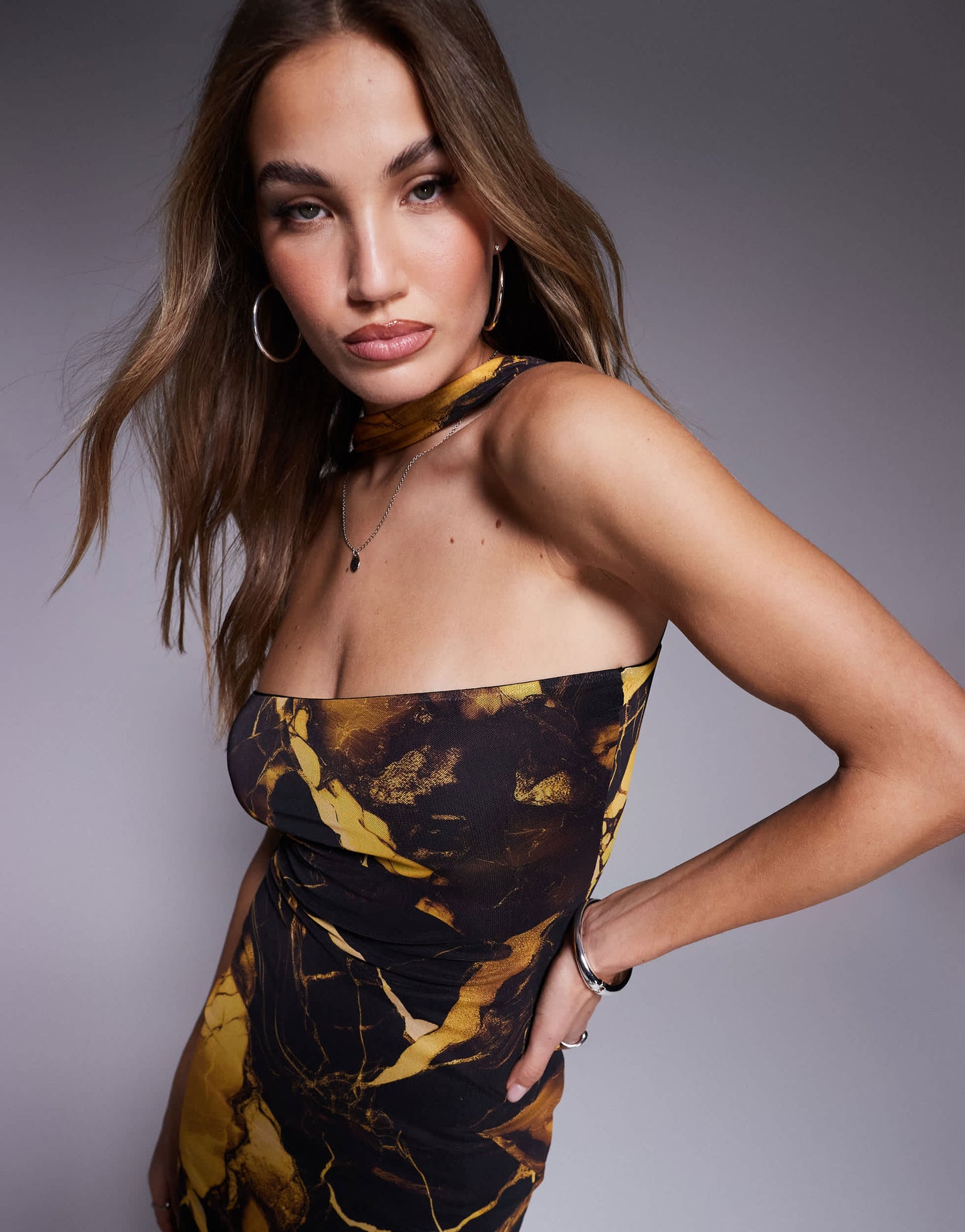 ASOS DESIGN mesh bandeau maxi dress with neck tie detail in yellow marble print