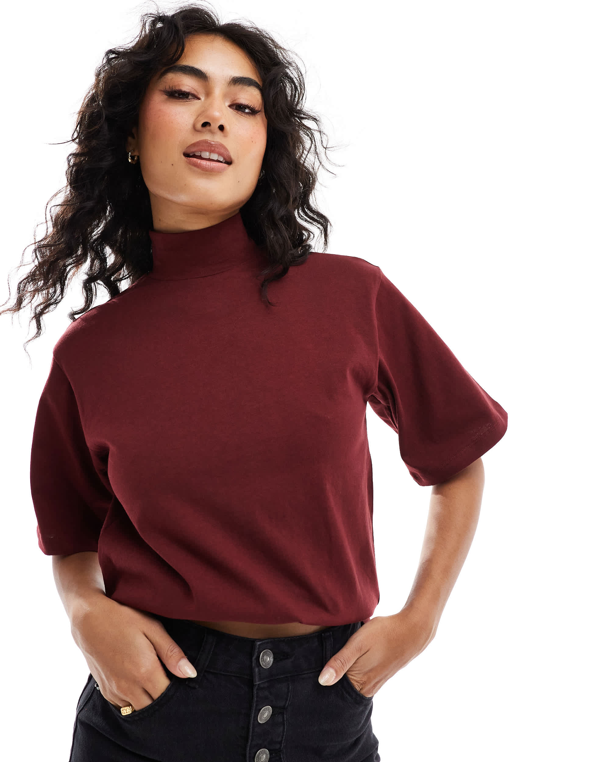ASOS DESIGN funnel boxy tee in burgundy