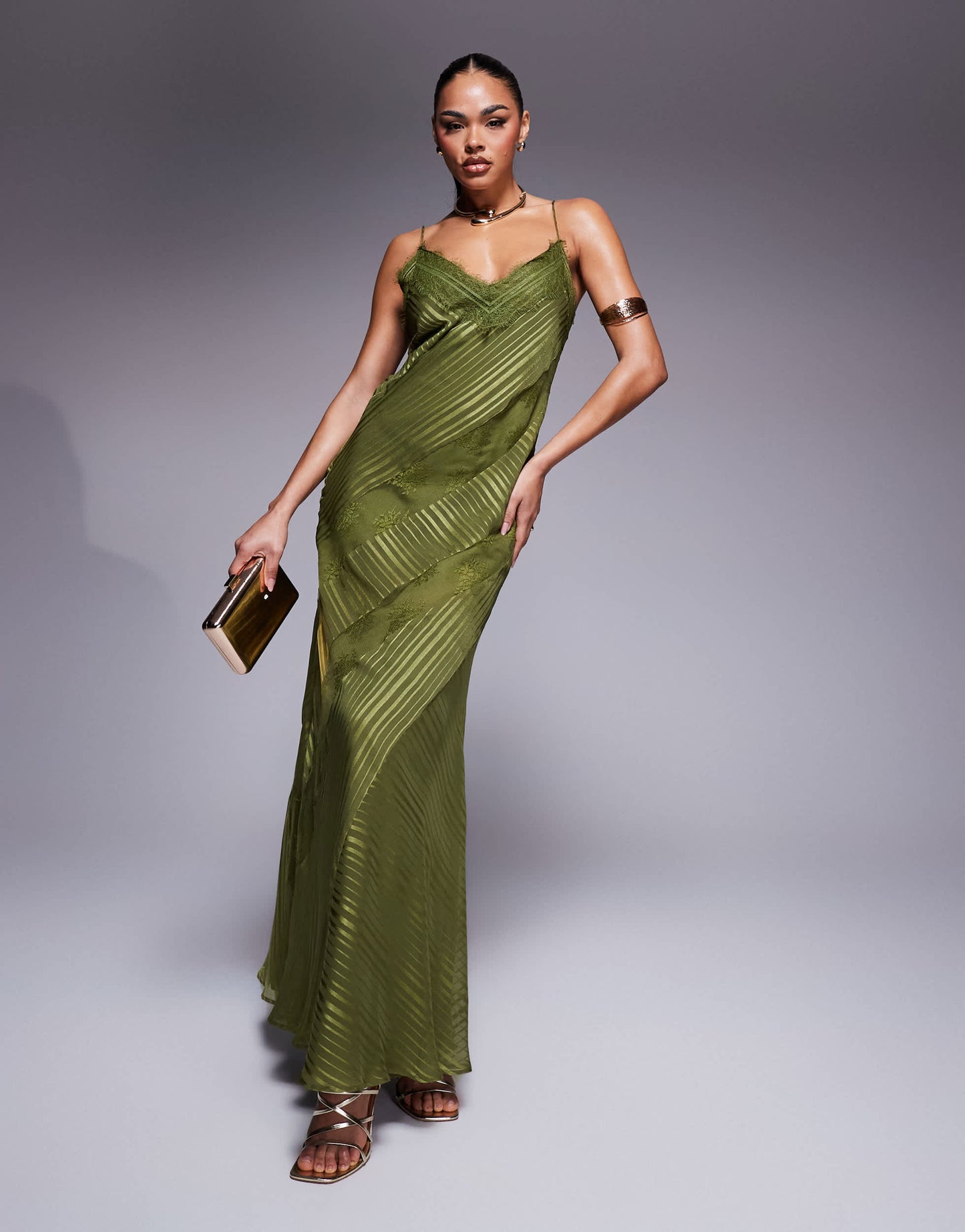 ASOS DESIGN lace insert satin stripe panelled maxi dress in green