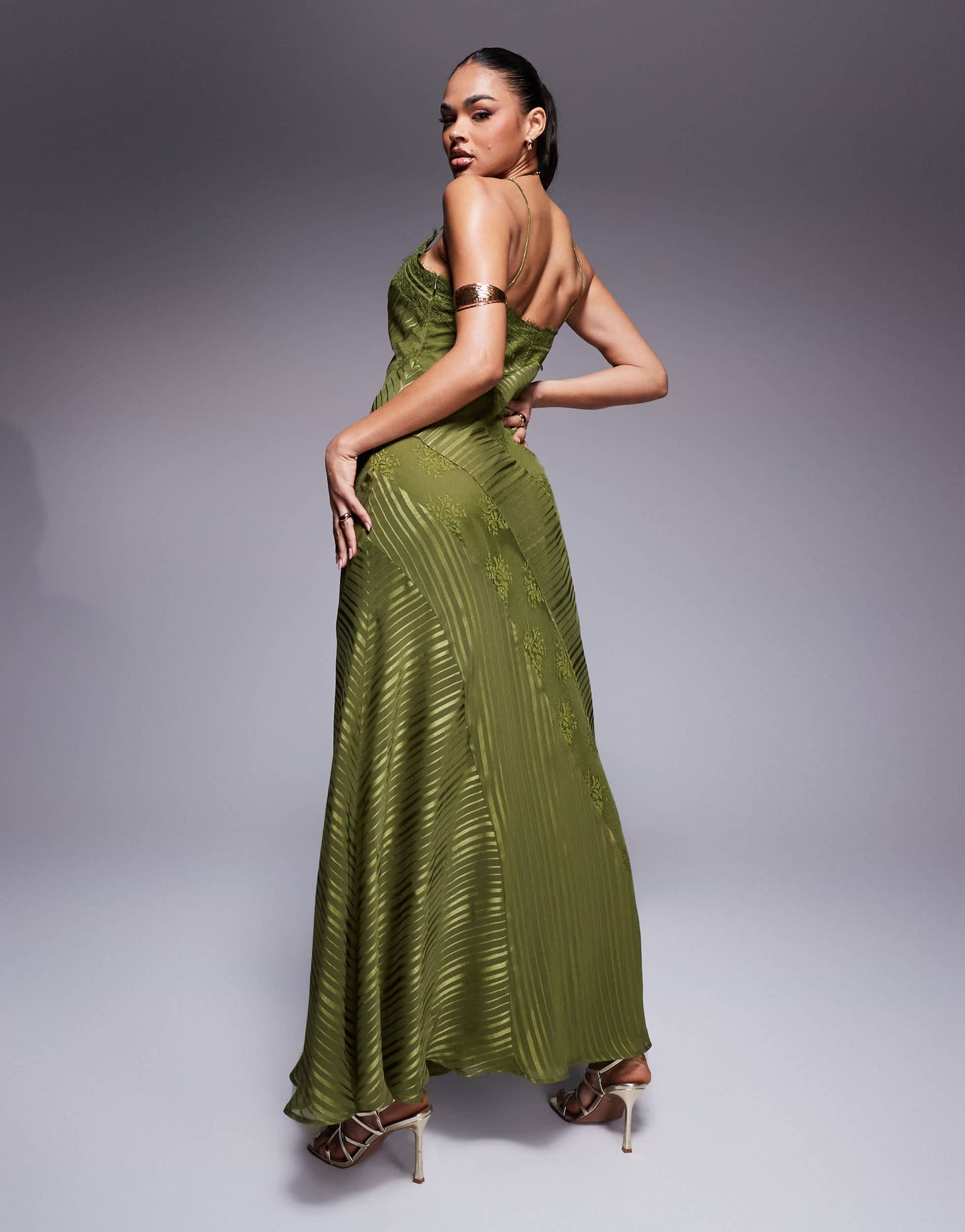 ASOS DESIGN lace insert satin stripe panelled maxi dress in green