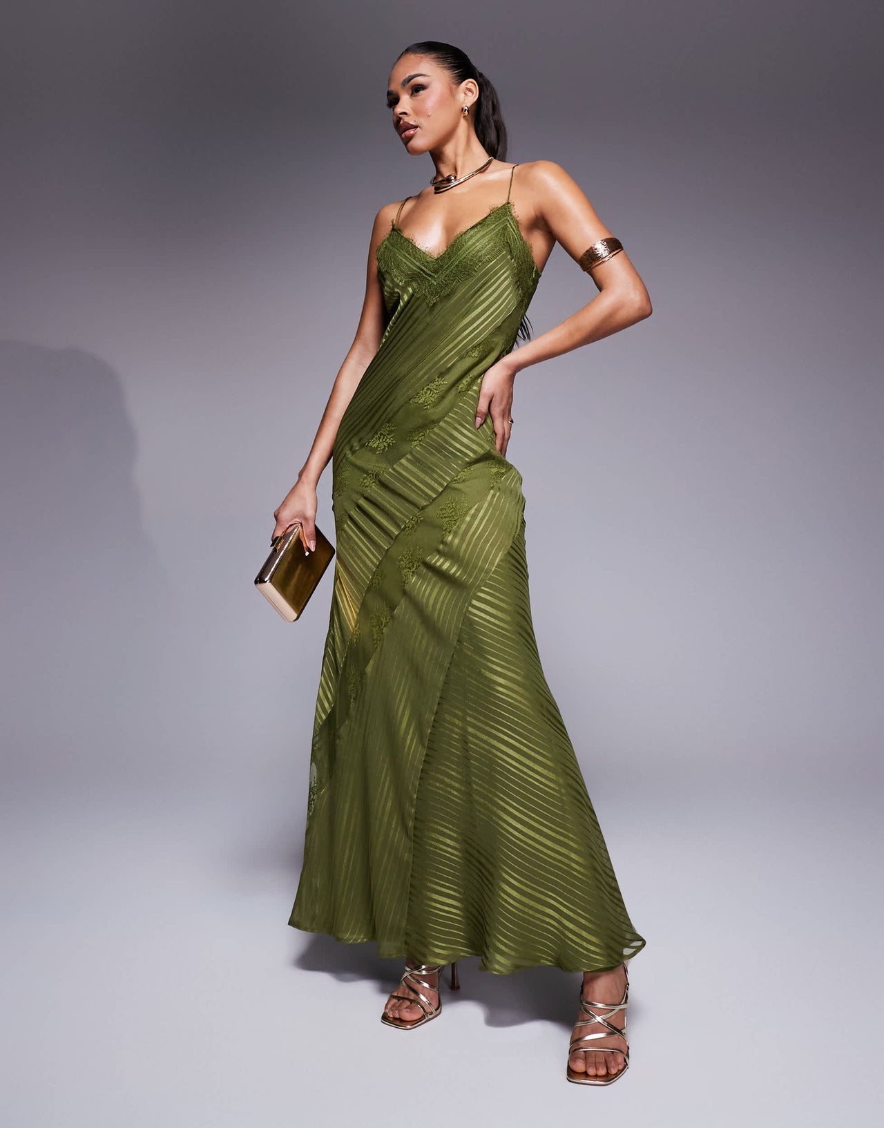 ASOS DESIGN lace insert satin stripe panelled maxi dress in green