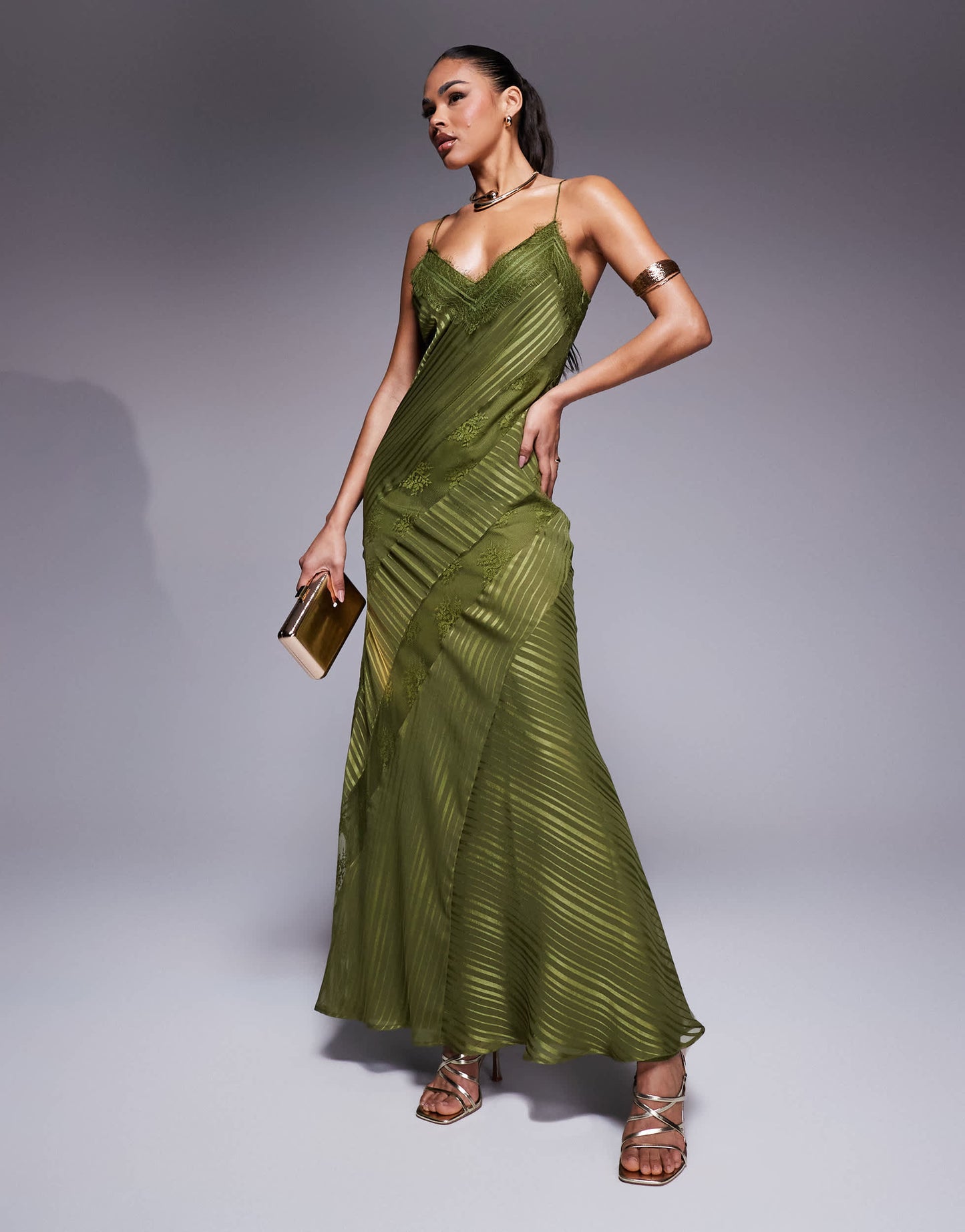 ASOS DESIGN lace insert satin stripe panelled maxi dress in green