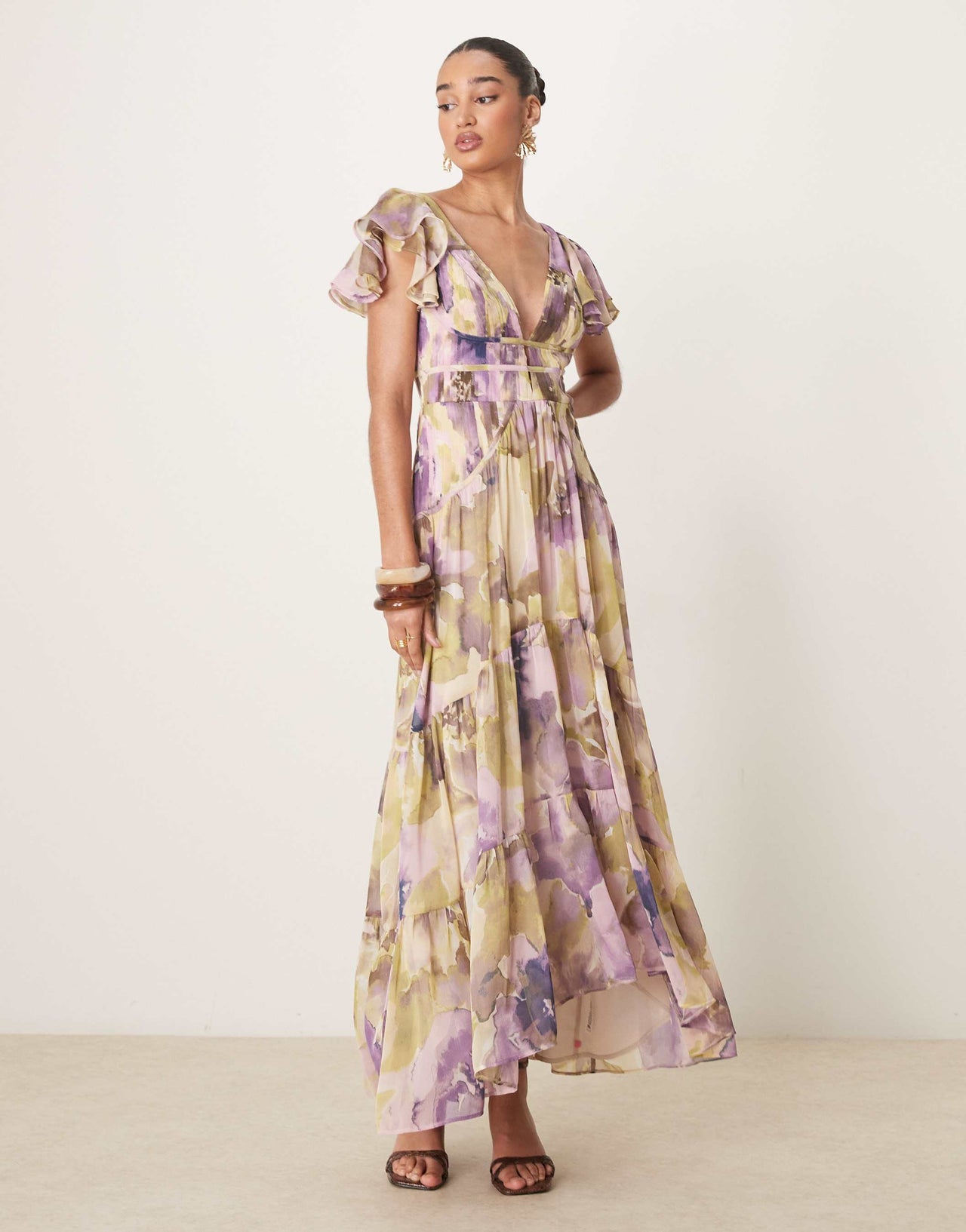 ASOS DESIGN flutter sleeve ruched maxi dress with hi low hem in blurred floral