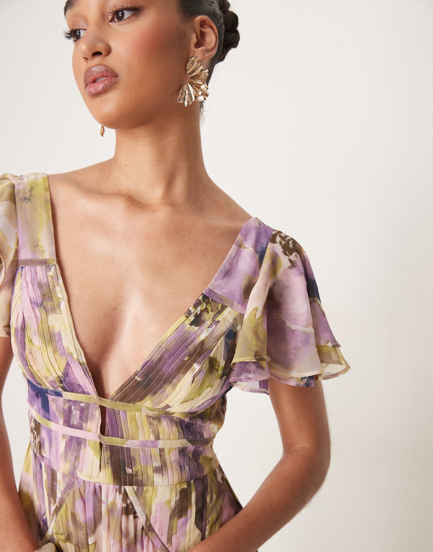 ASOS DESIGN flutter sleeve ruched maxi dress with hi low hem in blurred floral