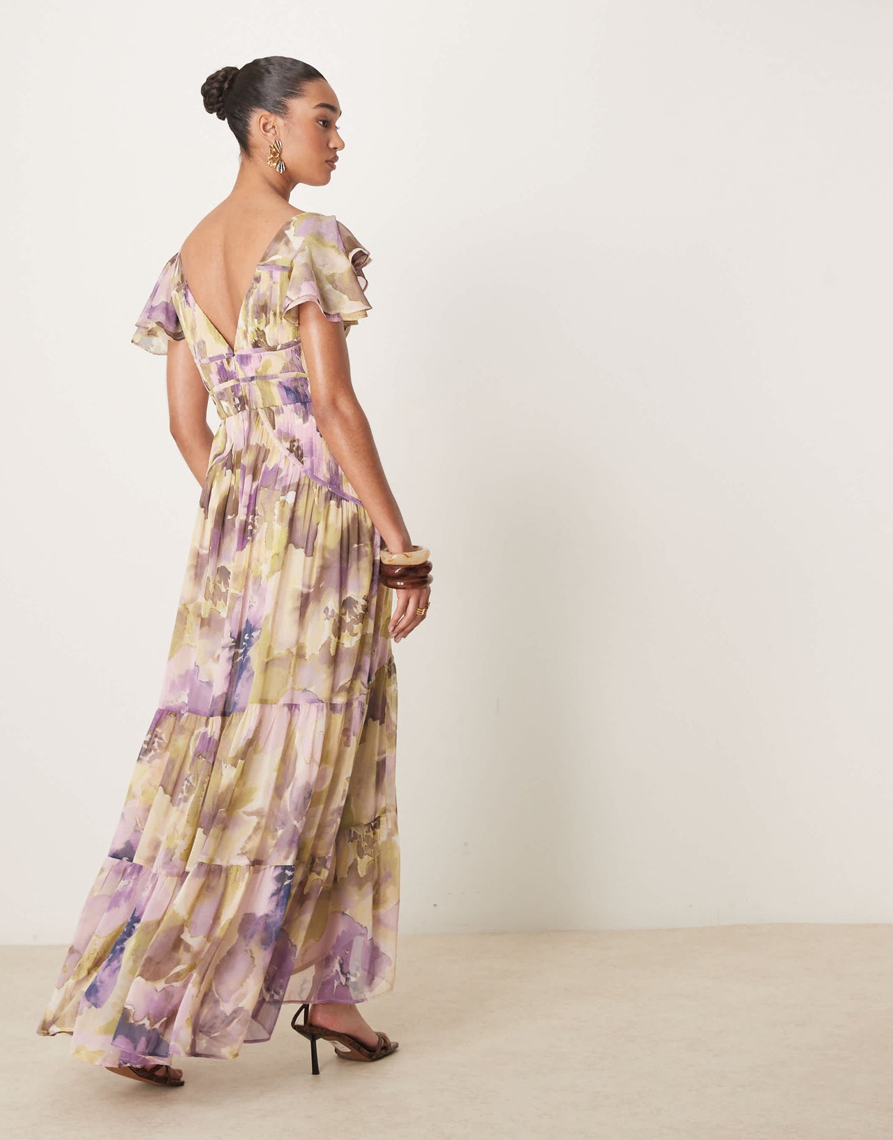 ASOS DESIGN flutter sleeve ruched maxi dress with hi low hem in blurred floral