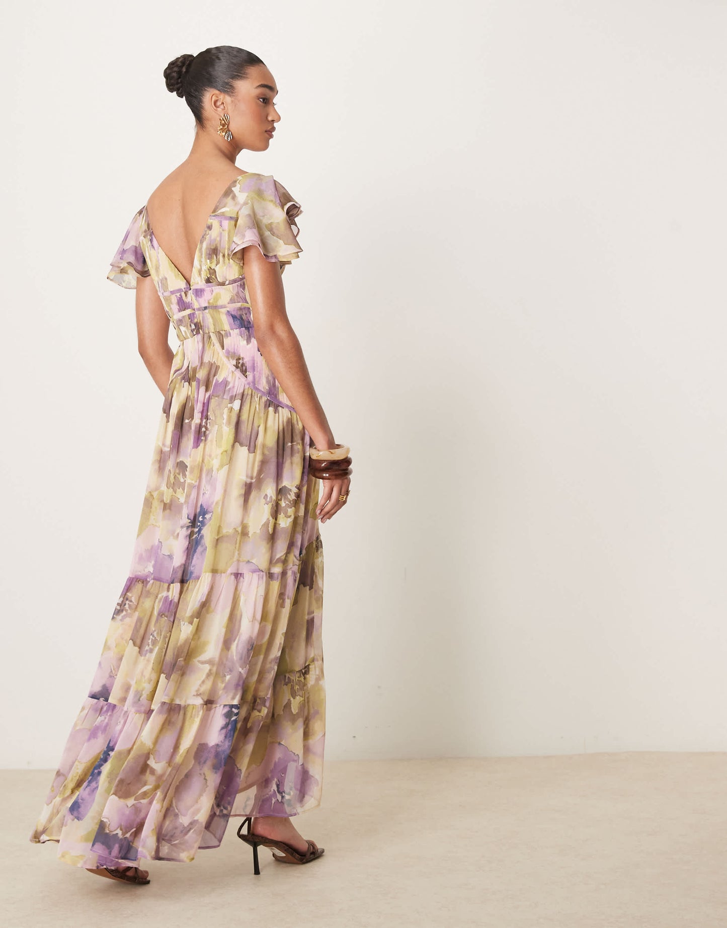 ASOS DESIGN flutter sleeve ruched maxi dress with hi low hem in blurred floral
