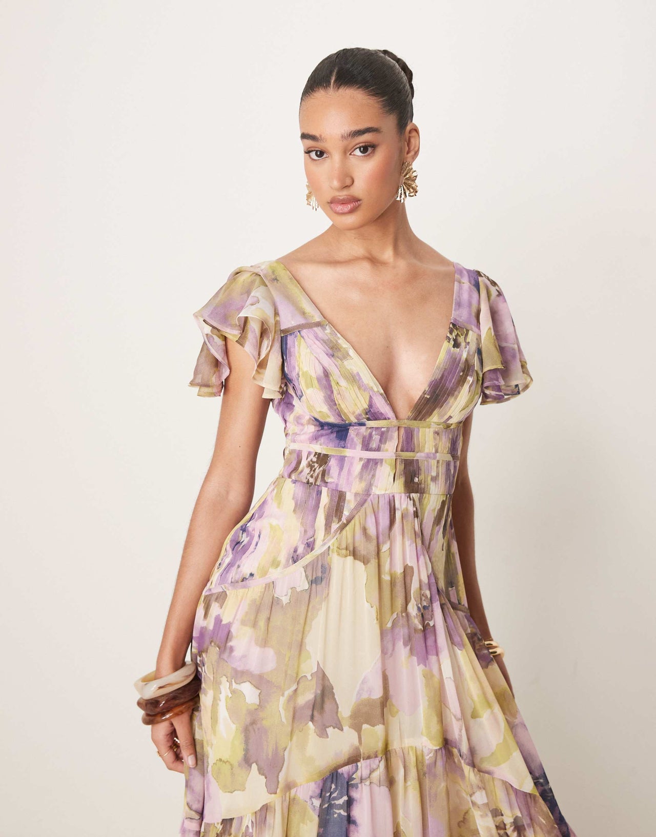 ASOS DESIGN flutter sleeve ruched maxi dress with hi low hem in blurred floral