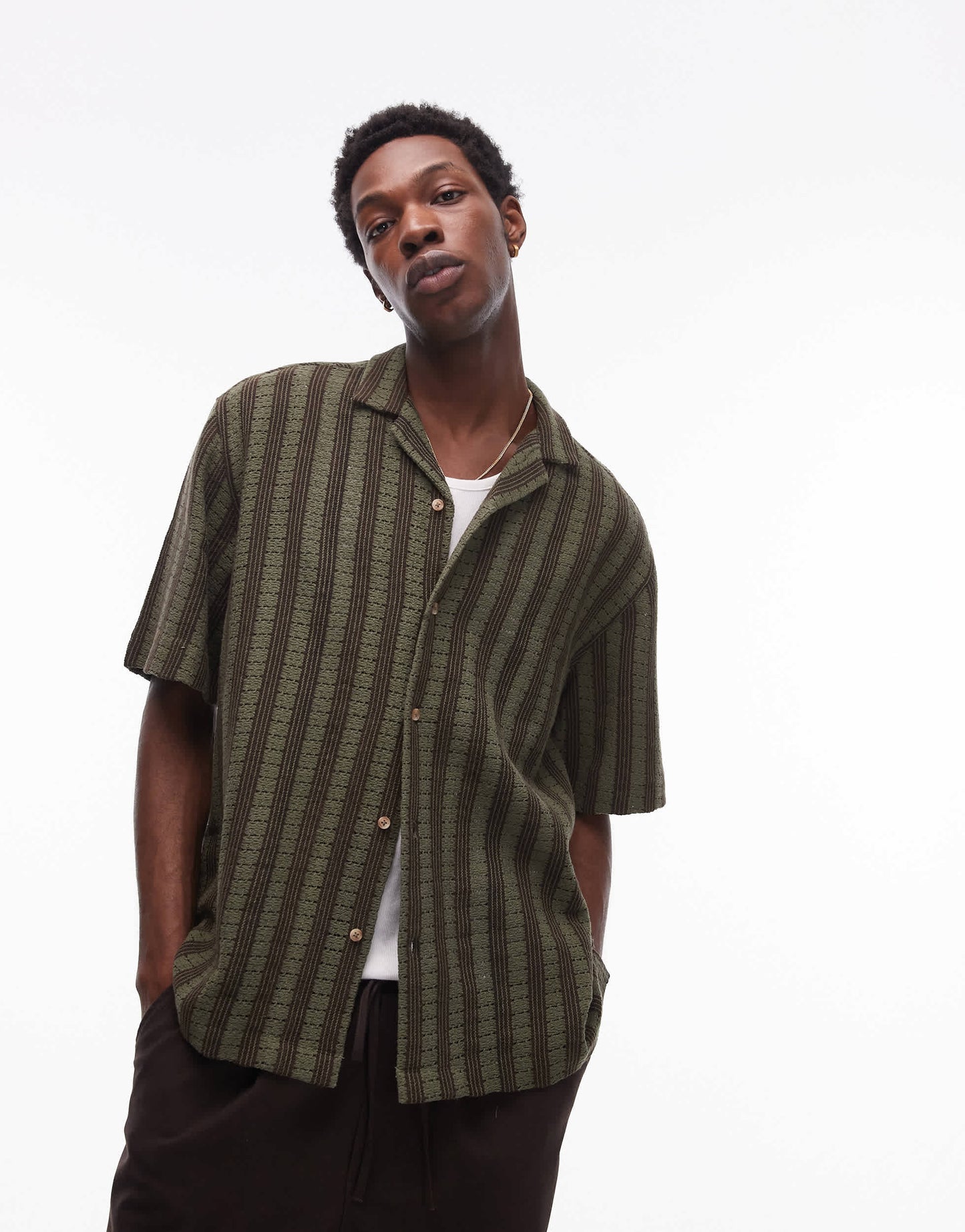Topman short sleeve knitted crochet shirt in green