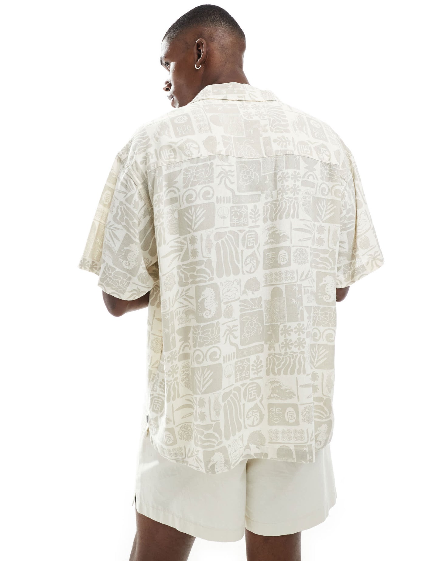 Jack & Jones revere collar linen short sleeve shirt with sealife print in beige