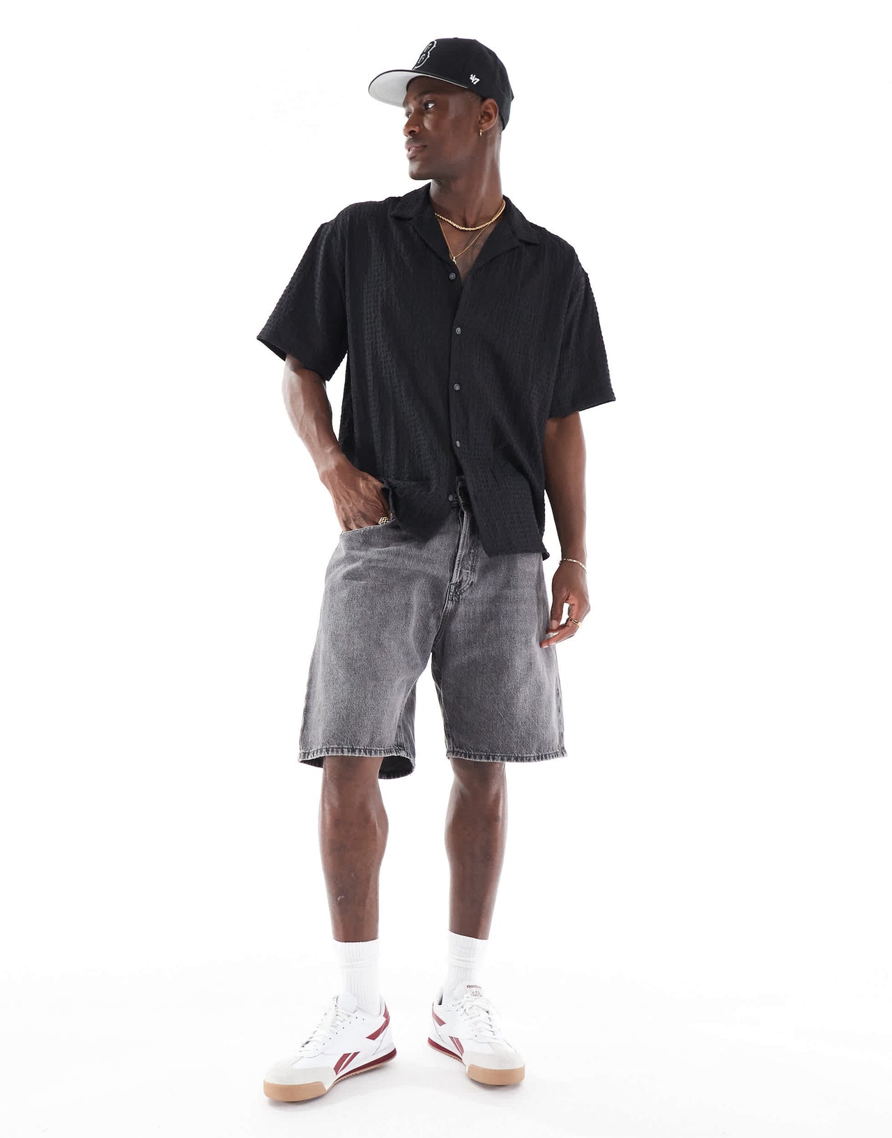 Jack & Jones revere collar seersucker short sleeve shirt in black