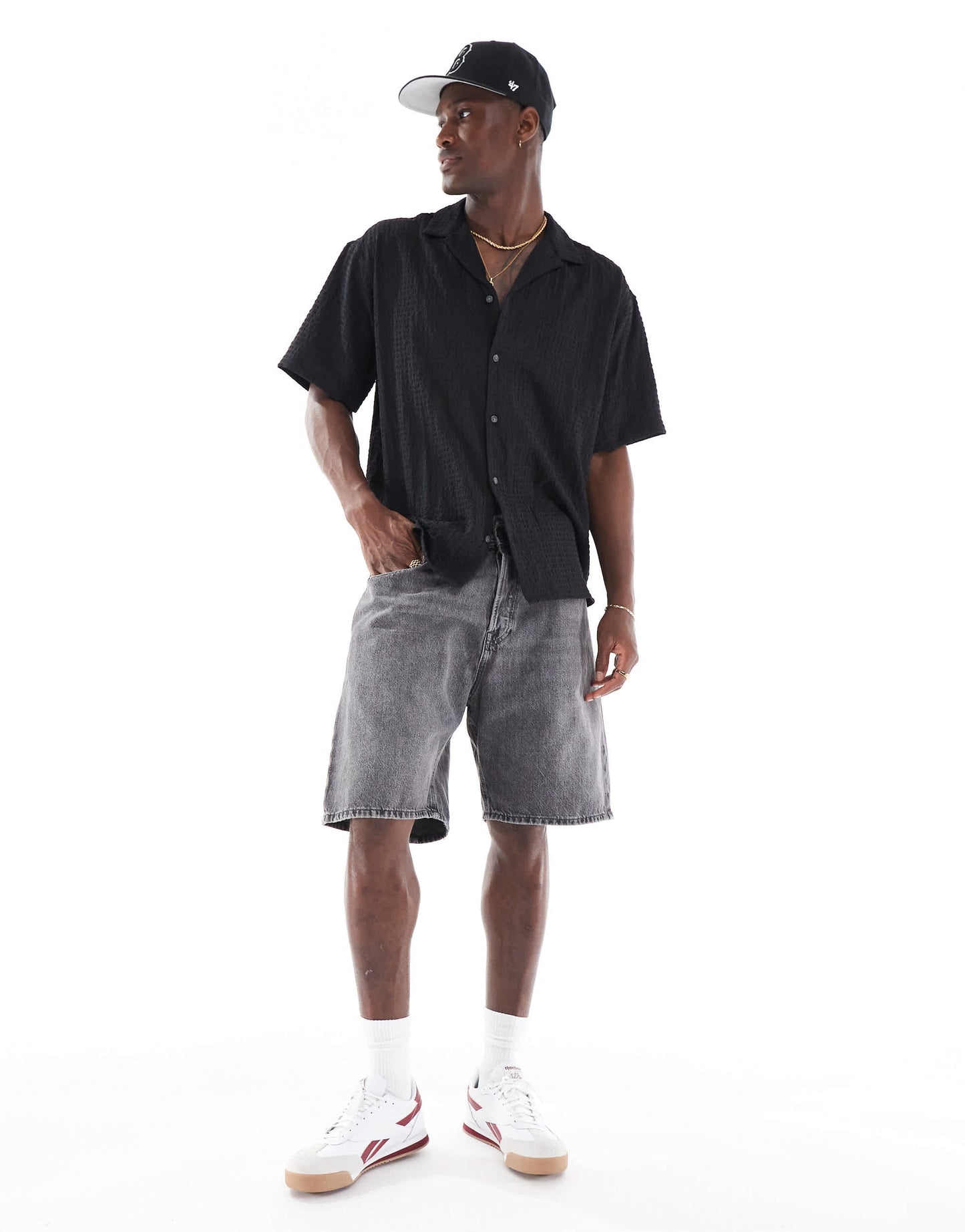 Jack & Jones revere collar seersucker short sleeve shirt in black