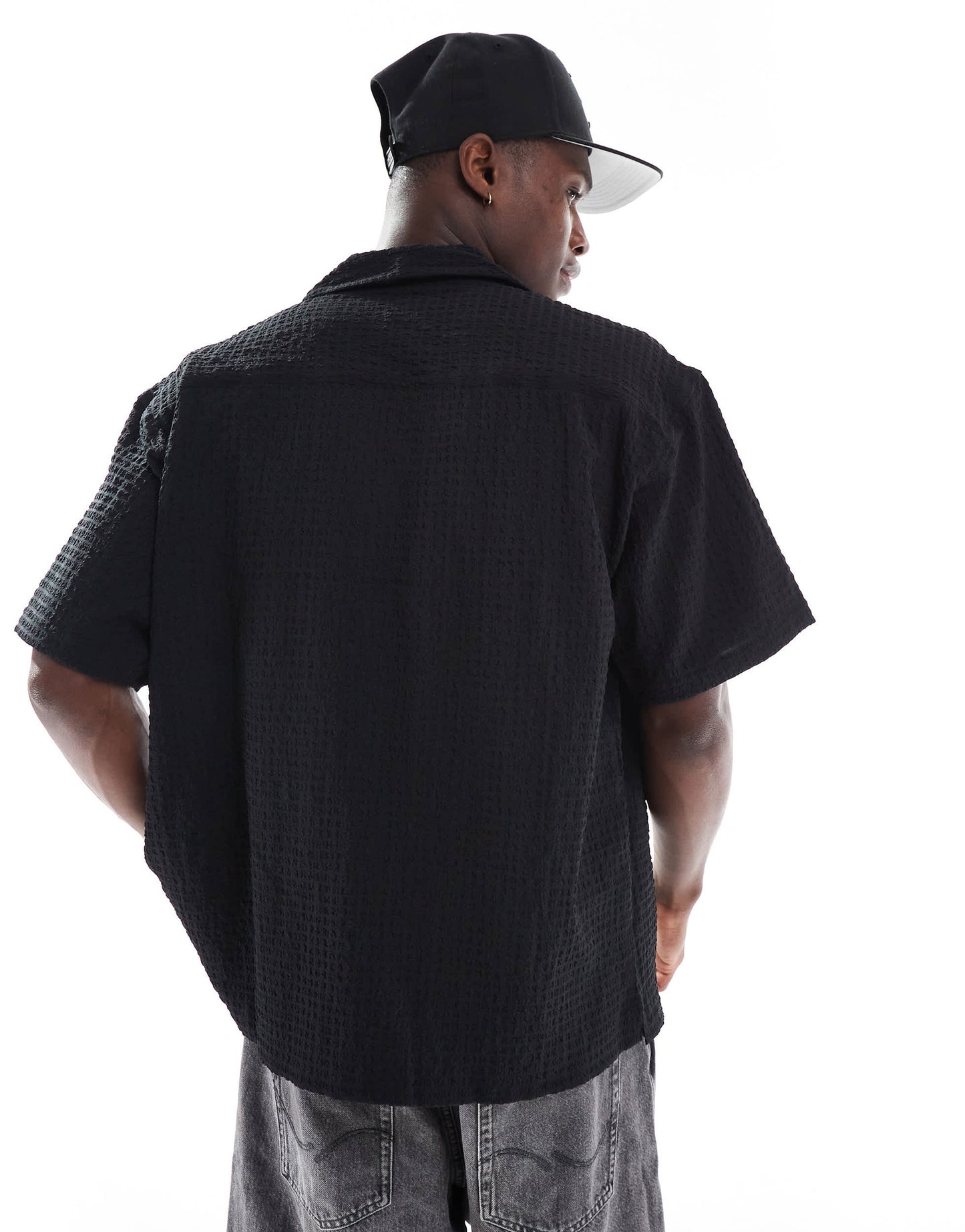 Jack & Jones revere collar seersucker short sleeve shirt in black