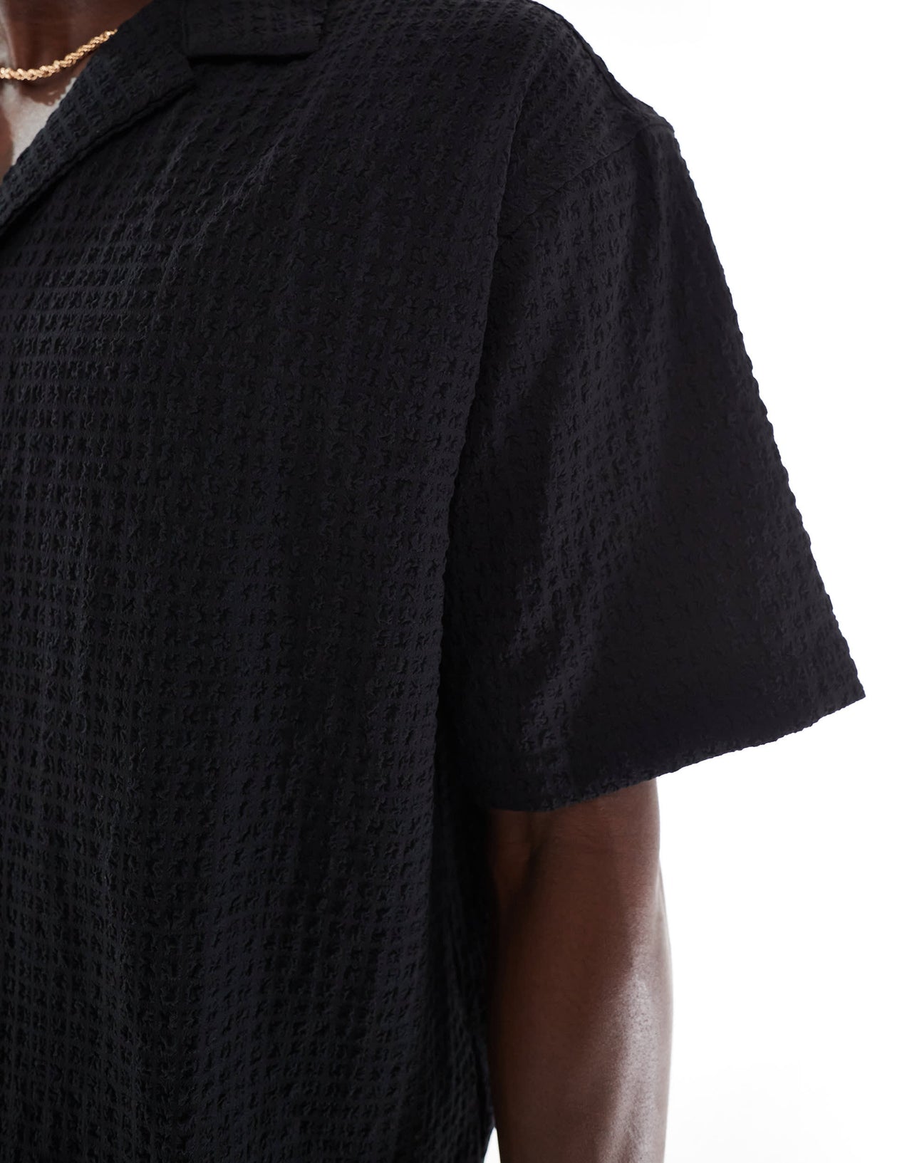 Jack & Jones revere collar seersucker short sleeve shirt in black