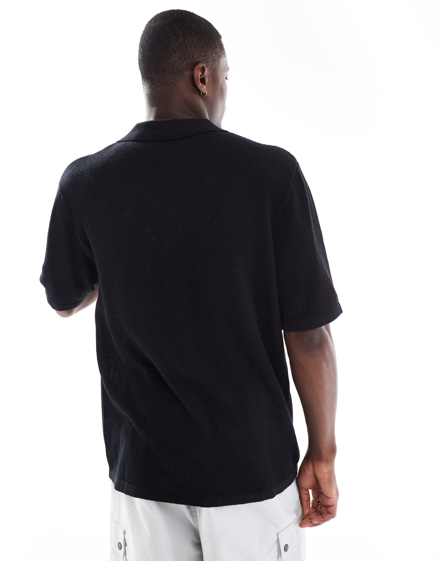Jack & Jones oversized button through knitted polo in black