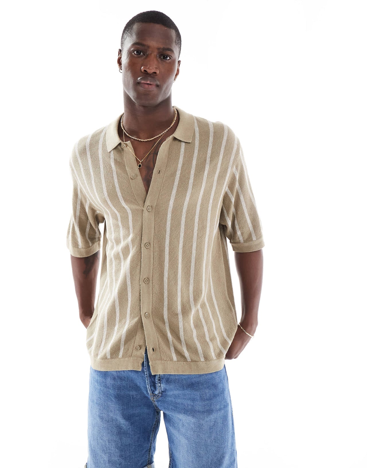 Jack & Jones button through knitted polo in beige stripe