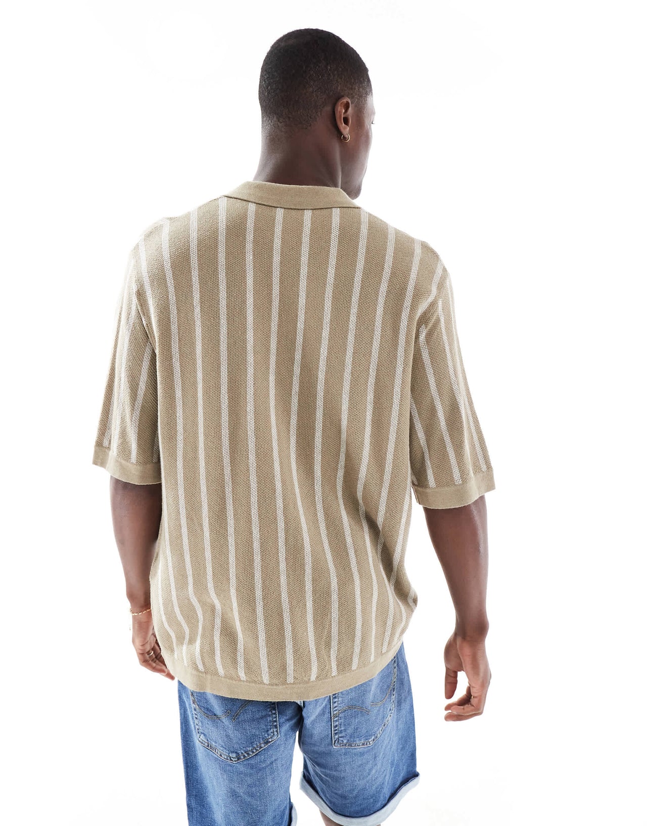 Jack & Jones button through knitted polo in beige stripe