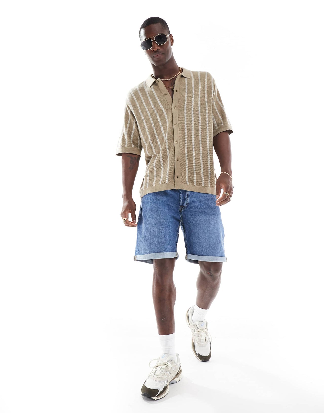 Jack & Jones button through knitted polo in beige stripe