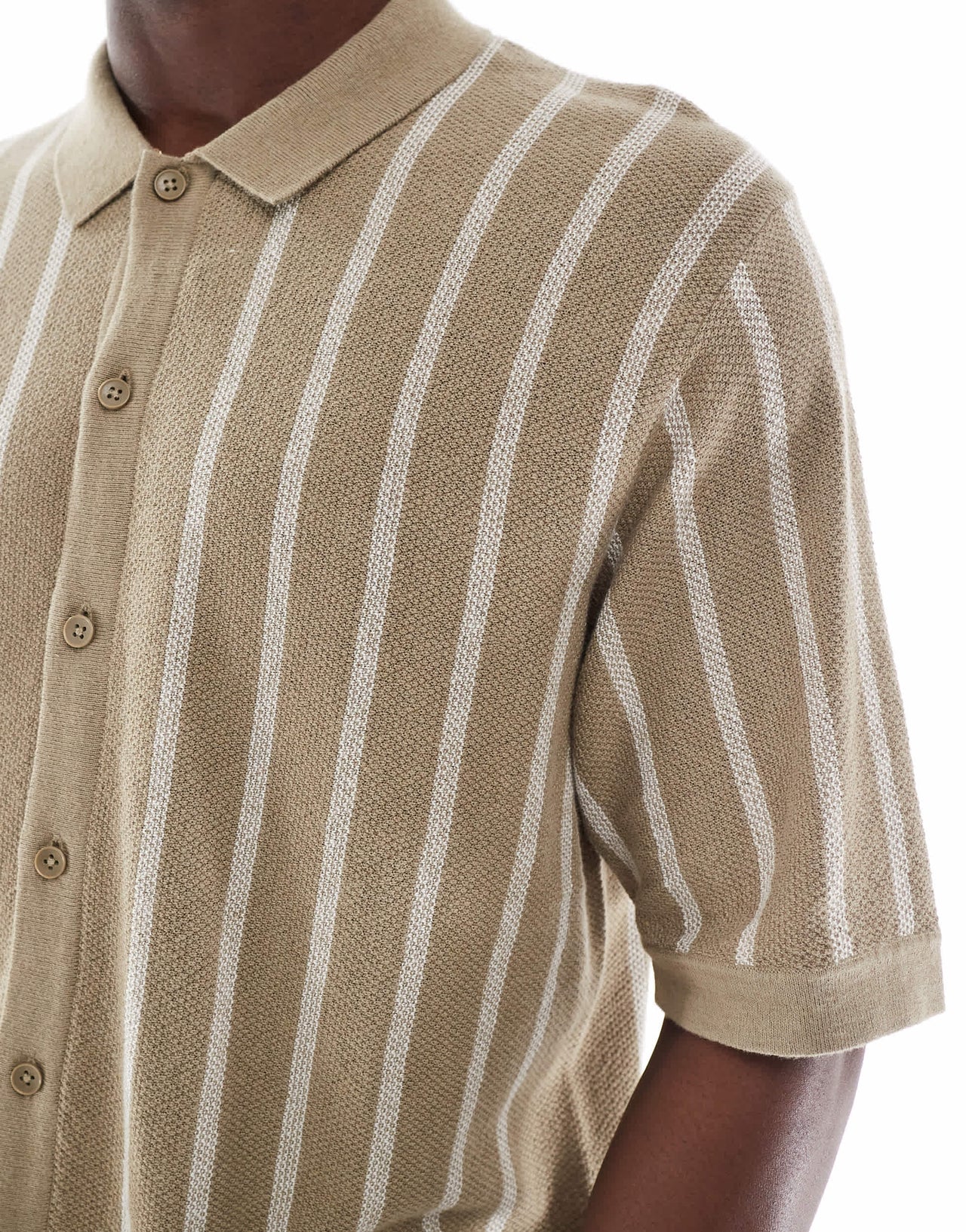 Jack & Jones button through knitted polo in beige stripe