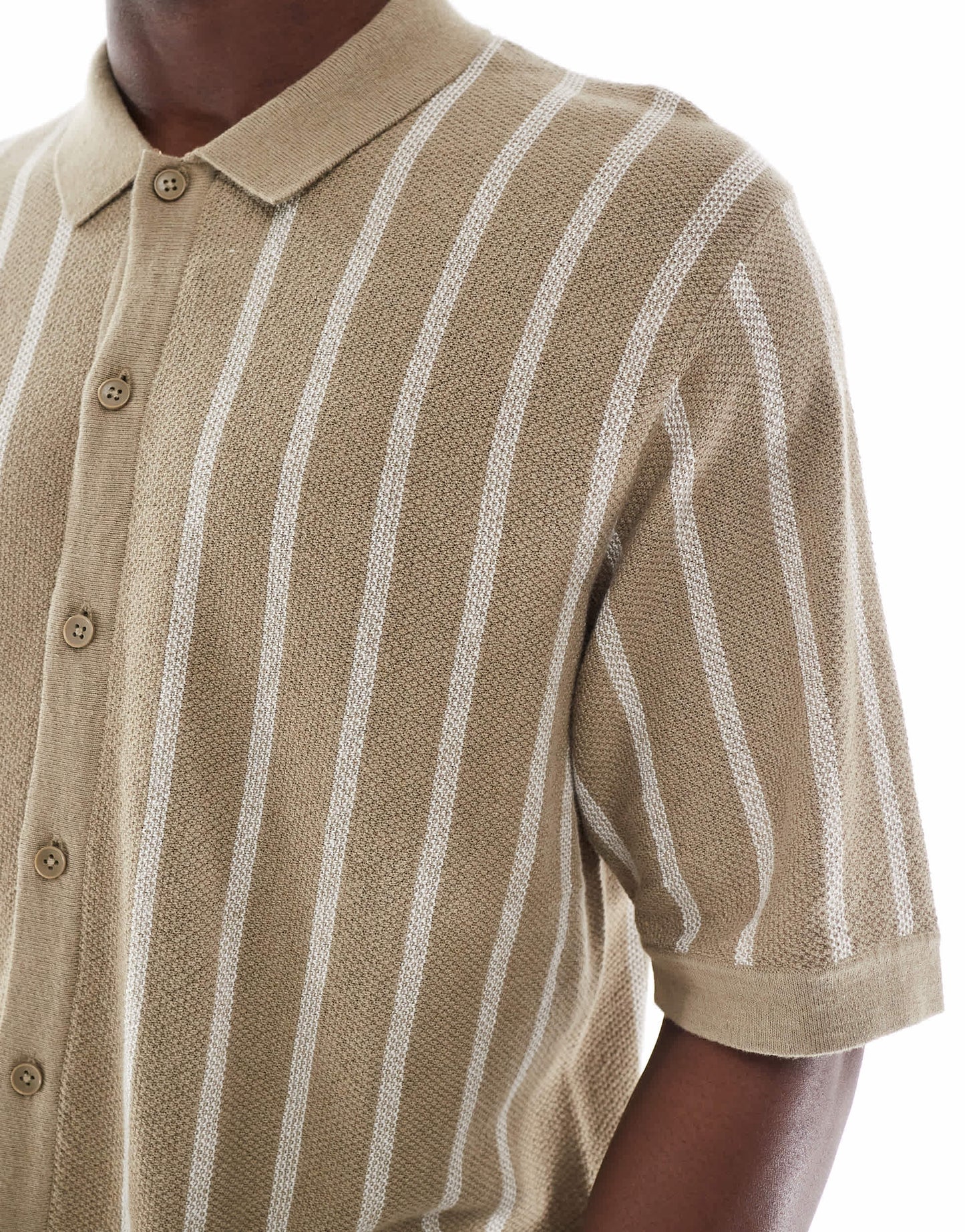 Jack & Jones button through knitted polo in beige stripe