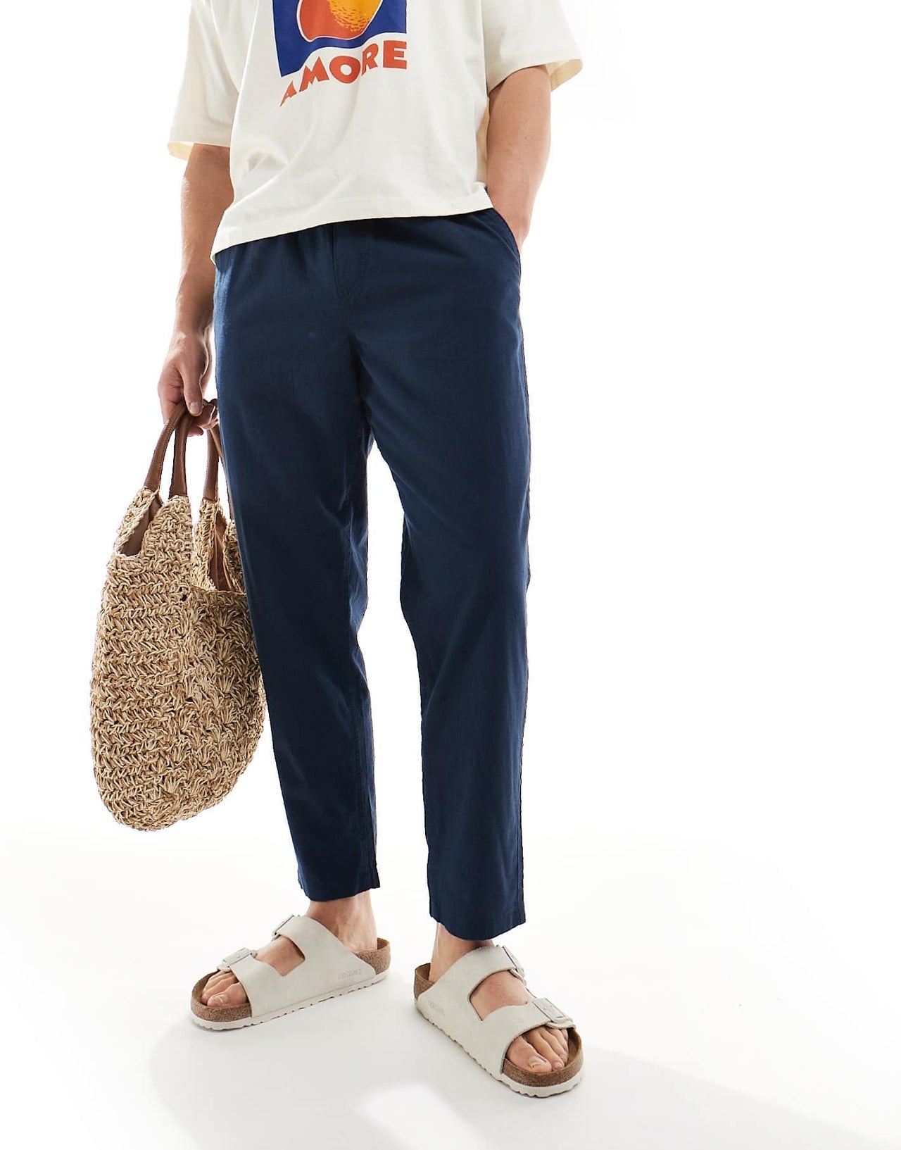 Jack & Jones slim tapered drawstring linen mix trouser in navy