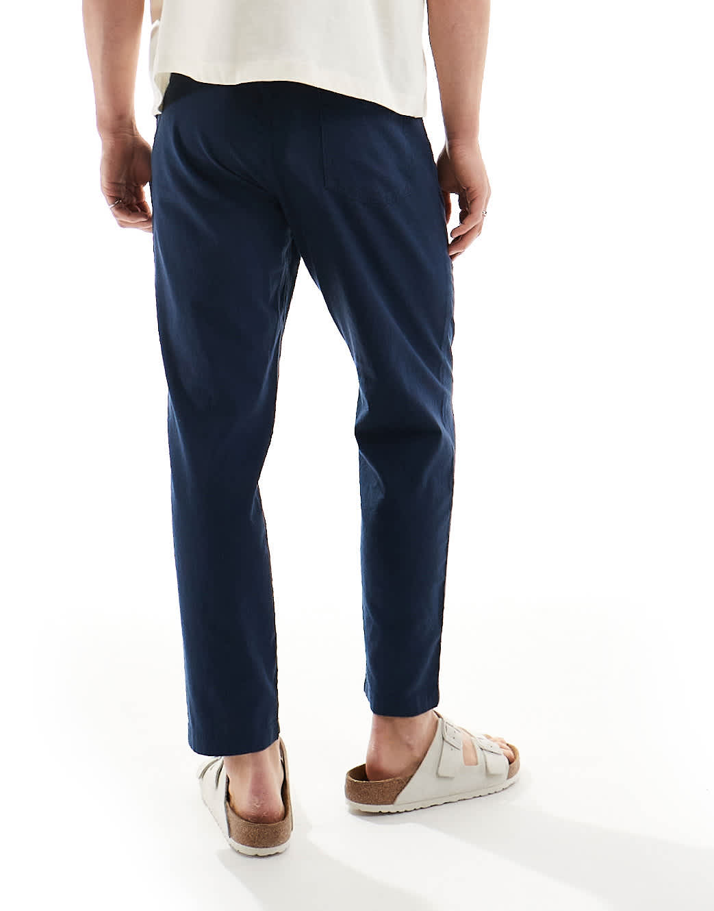 Jack & Jones slim tapered drawstring linen mix trouser in navy
