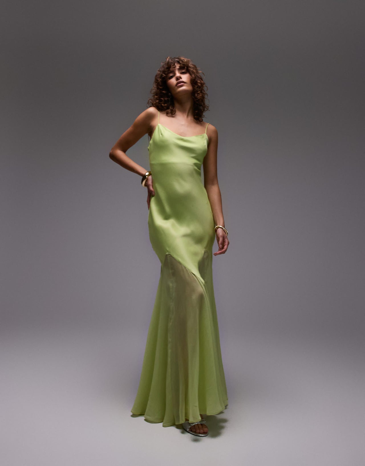 Topshop premium mixed fabric godet hem midi dress in lime