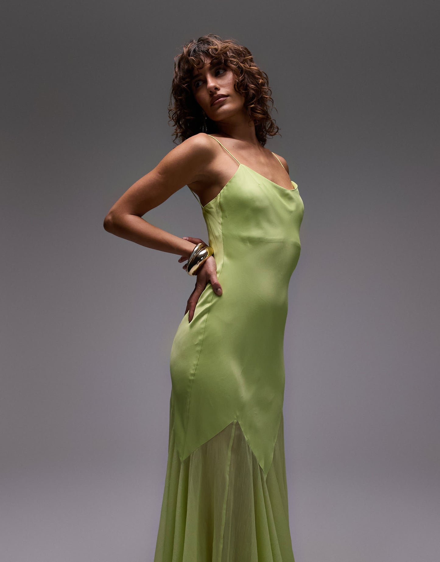 Topshop premium mixed fabric godet hem midi dress in lime