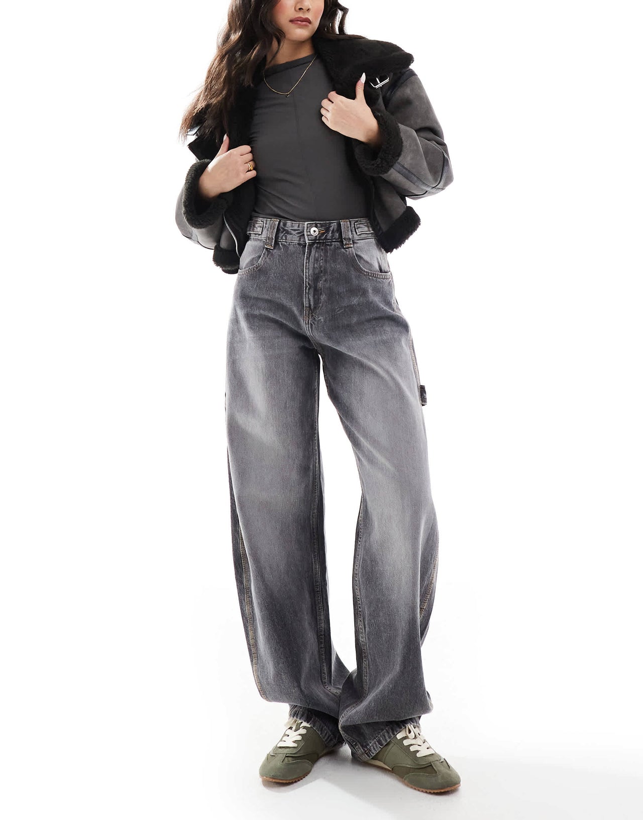 Bershka adjustable waist carpenter jeans in grey