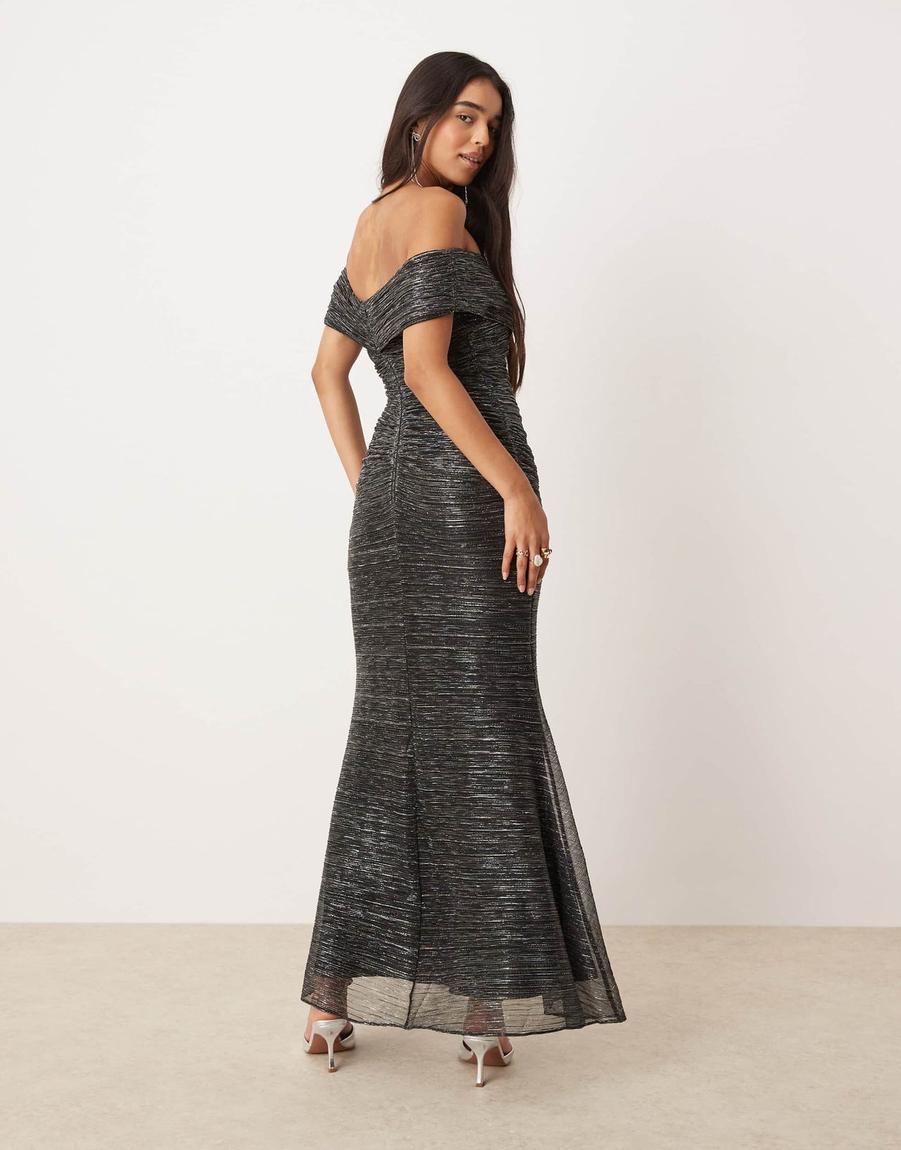 Ever New ruched metallic plisse midaxi dress in charcoal