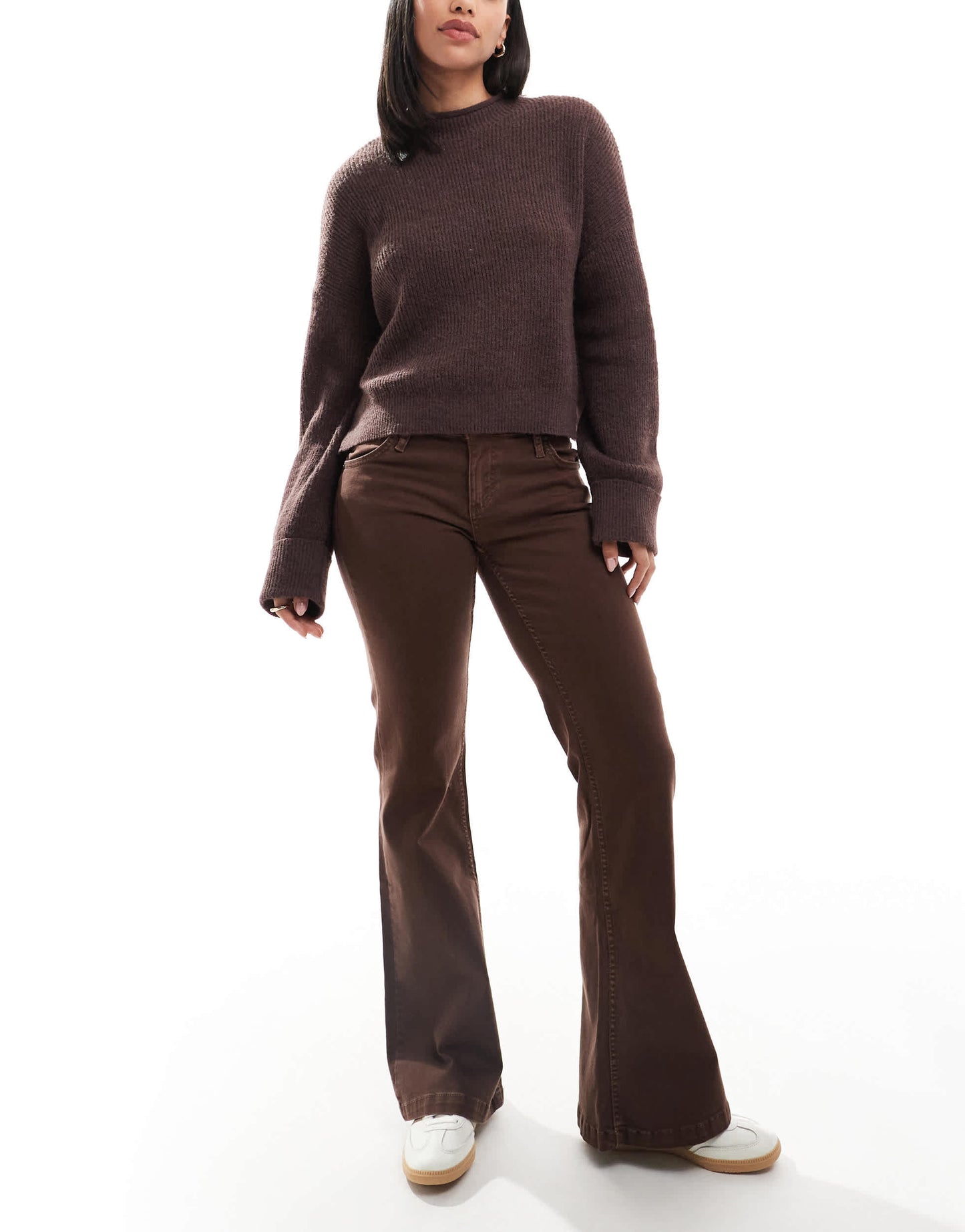 Bershka denim look flared trousers in brown