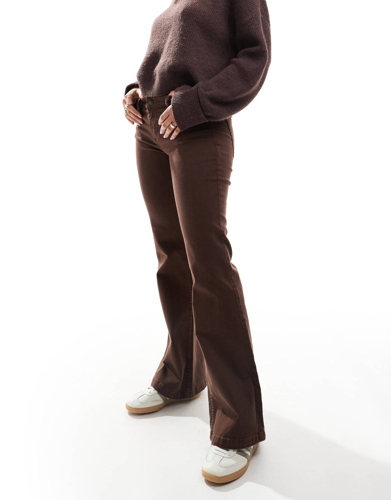 Bershka denim look flared trousers in brown