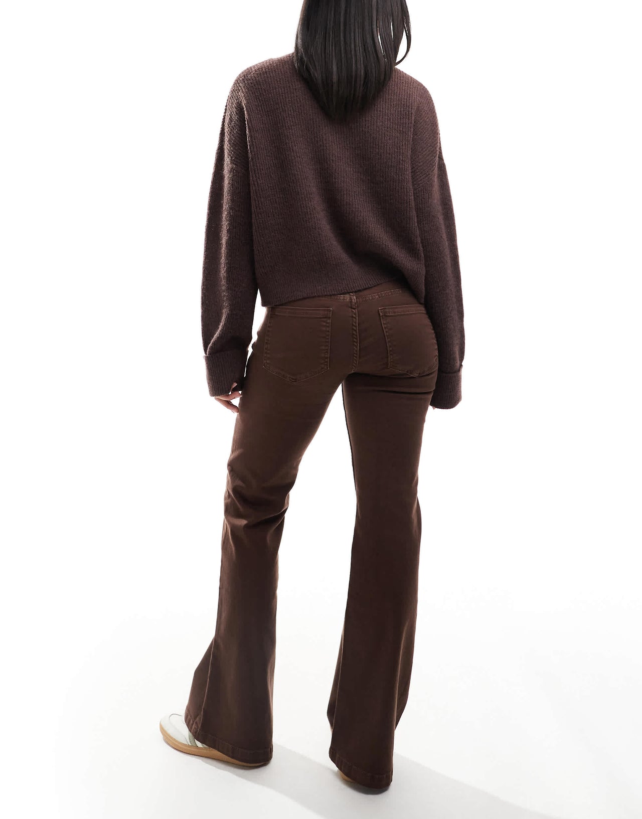 Bershka denim look flared trousers in brown