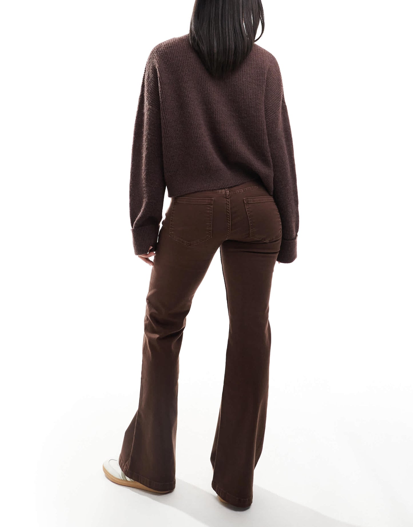 Bershka denim look flared trousers in brown