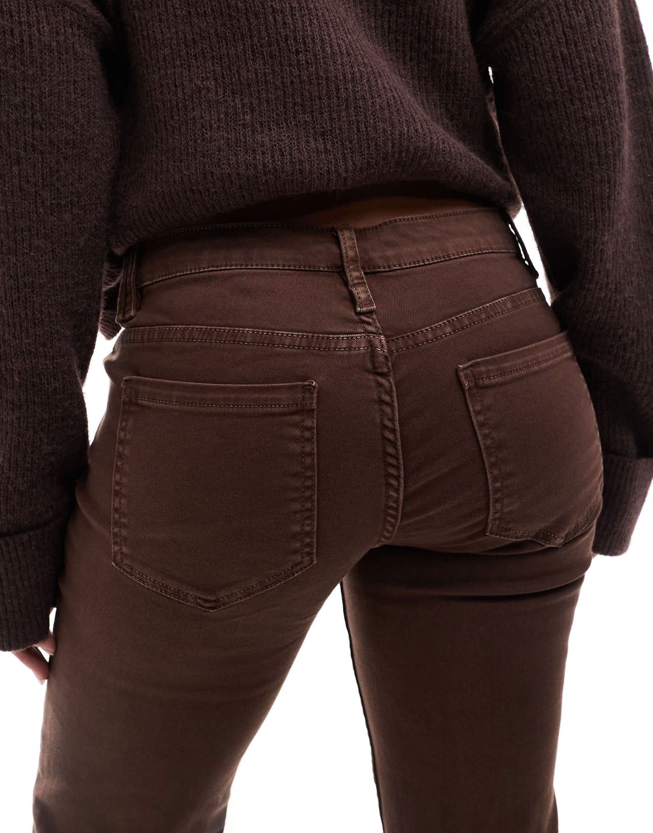 Bershka denim look flared trousers in brown
