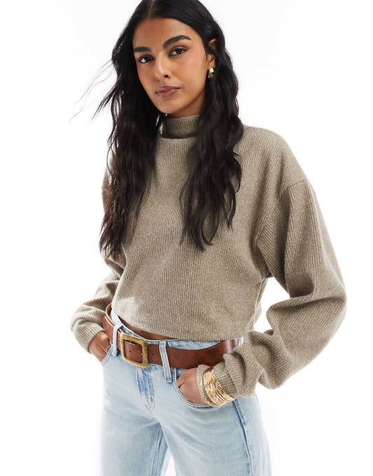 Bershka soft touch high neck top in taupe