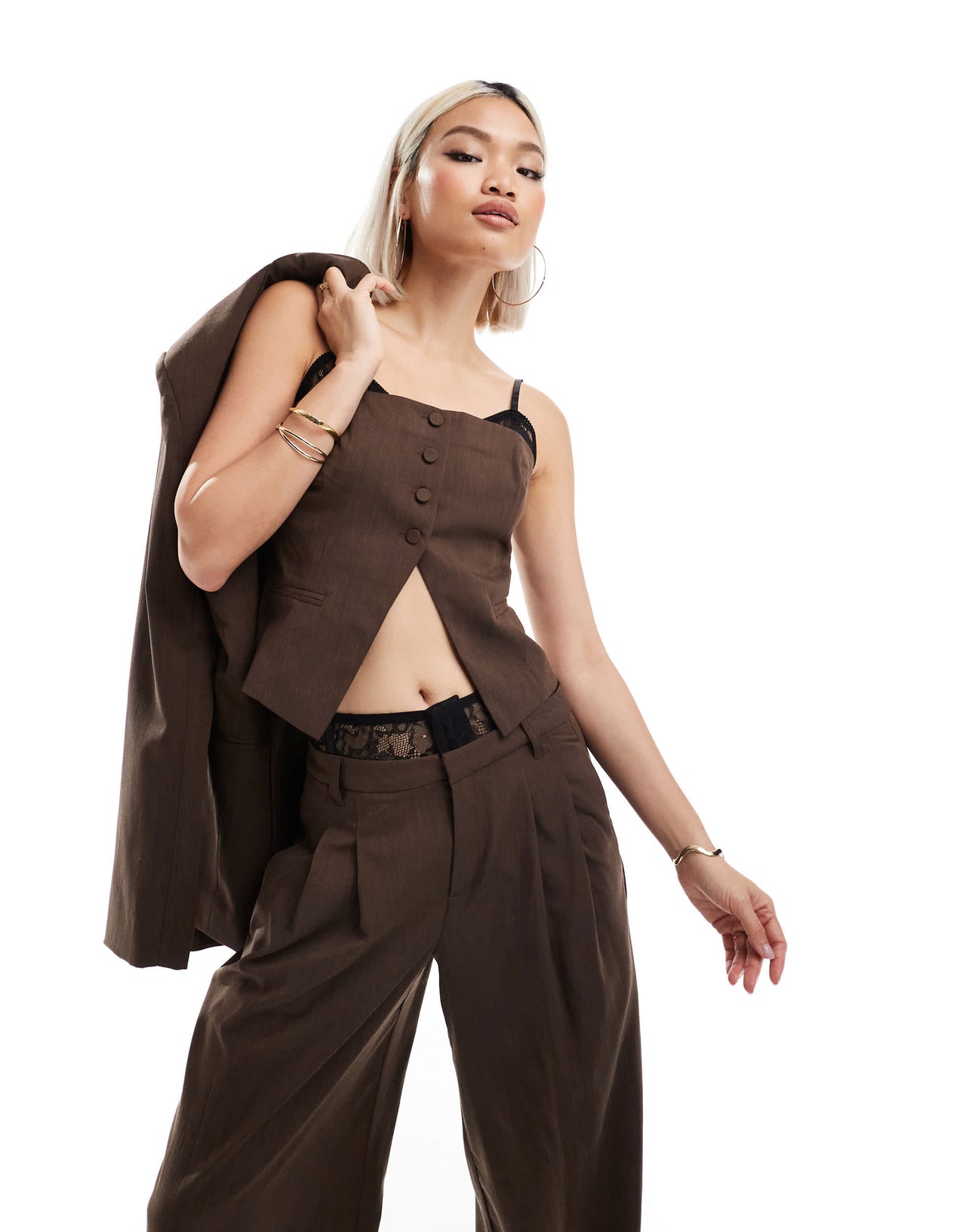 Bershka lace detail tailored waistcoat in brown
