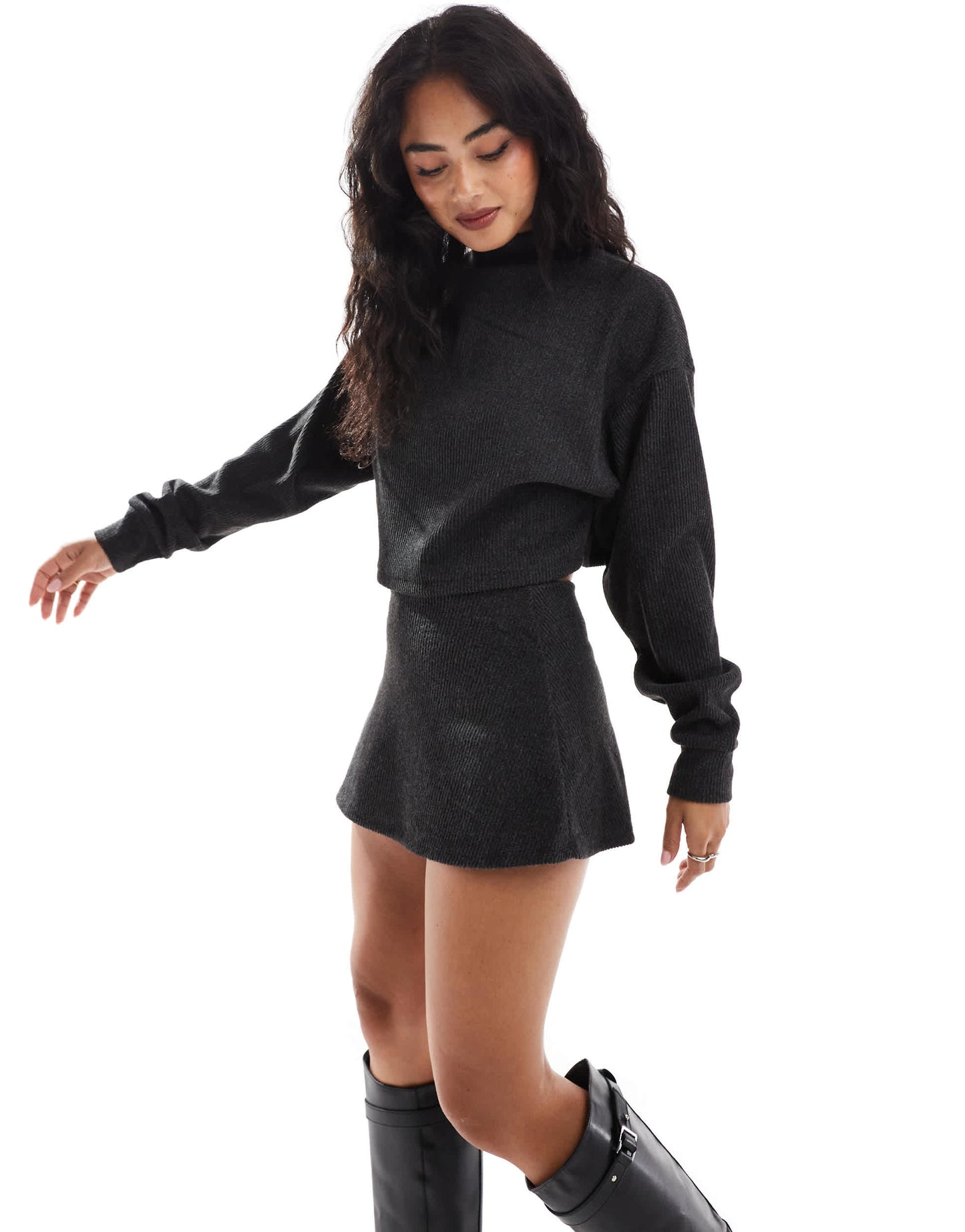 Bershka ribbed jersey mini skirt in grey