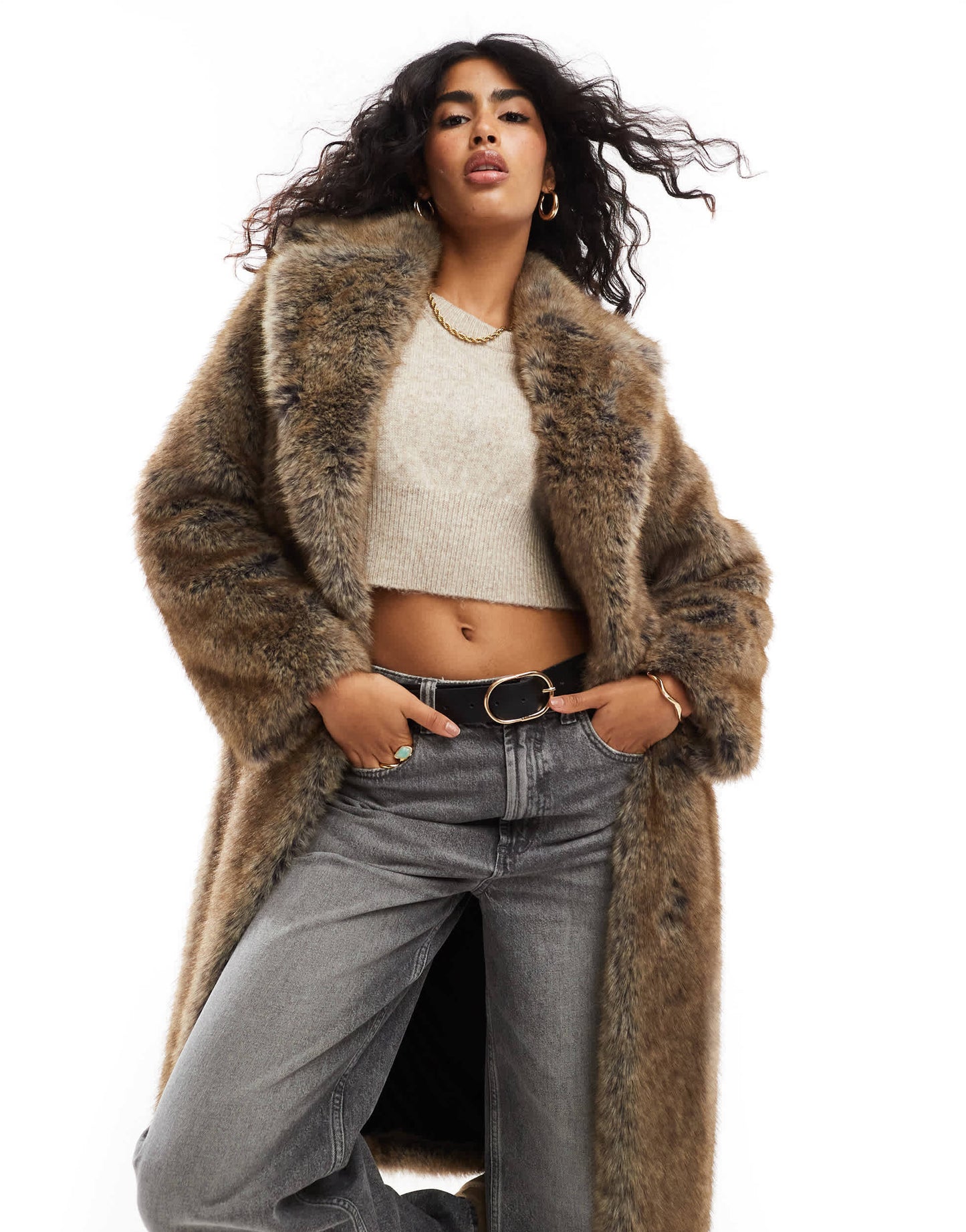 Bershka maxi faux fur coat in brown