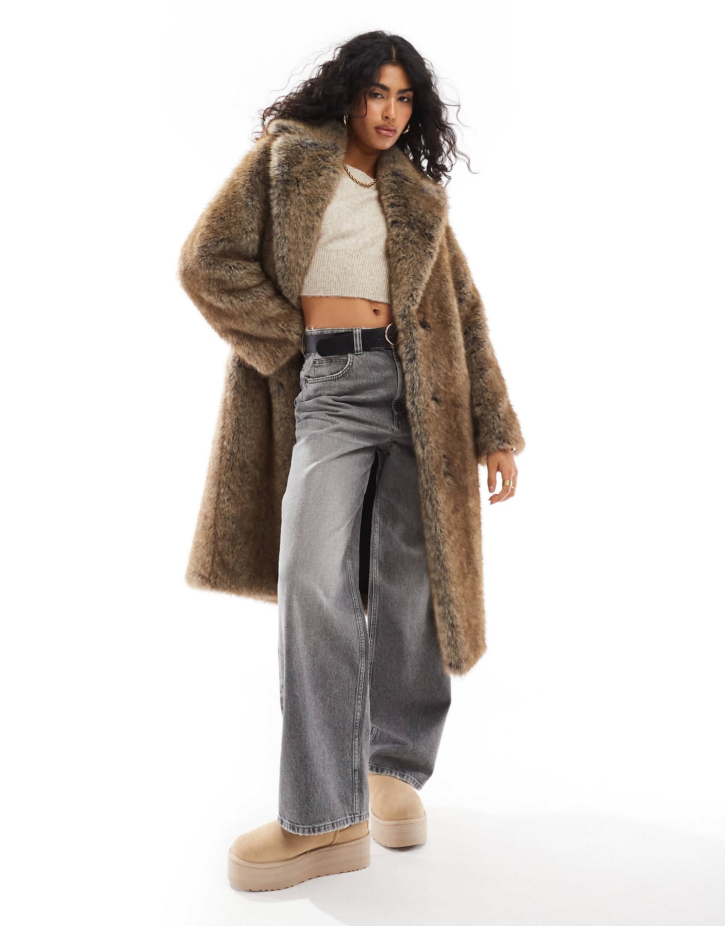 Bershka maxi faux fur coat in brown