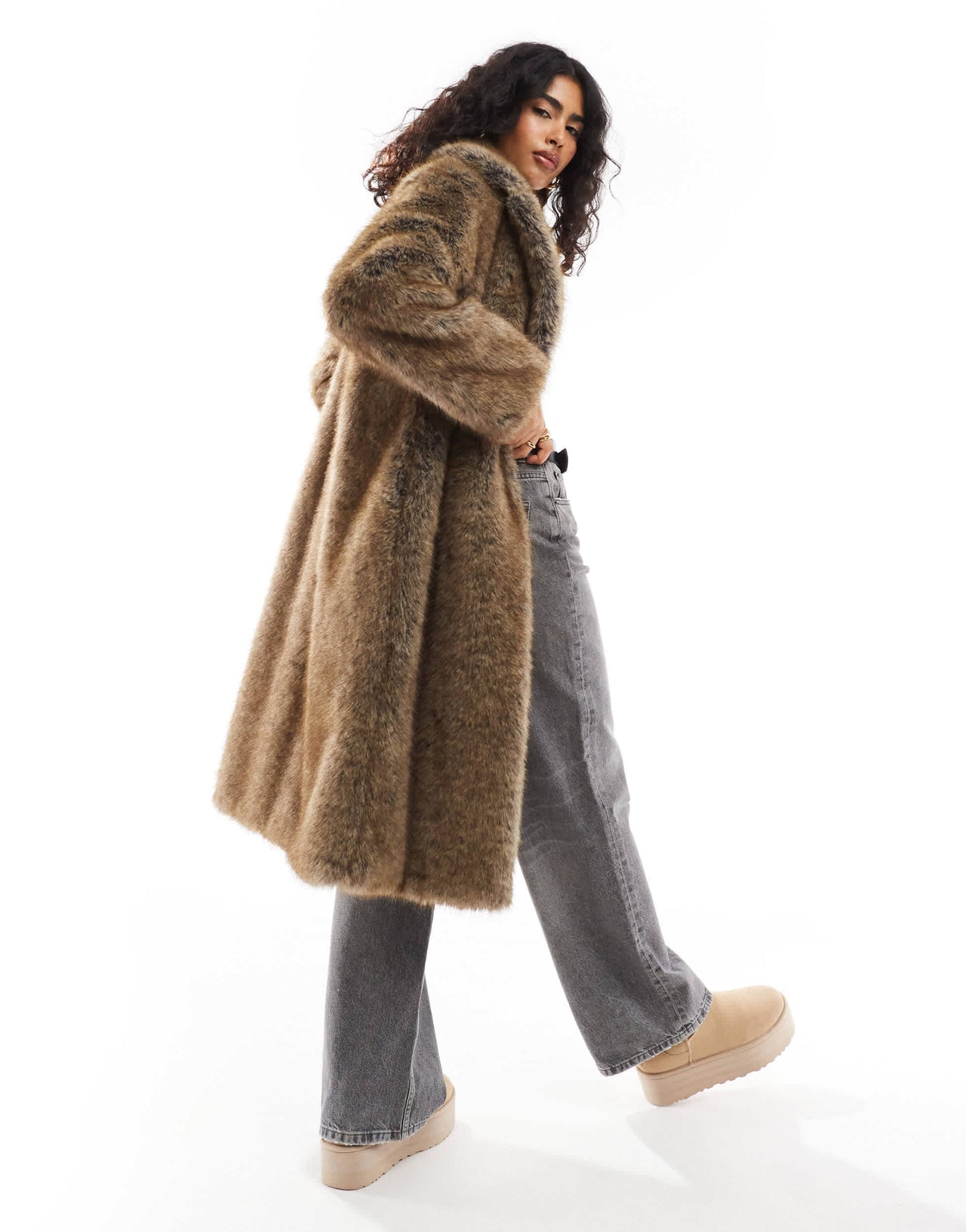 Bershka maxi faux fur coat in brown