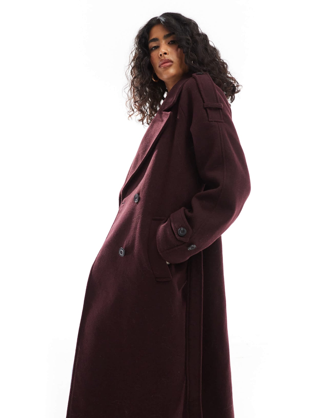 Bershka wool maxi trench coat in burgundy