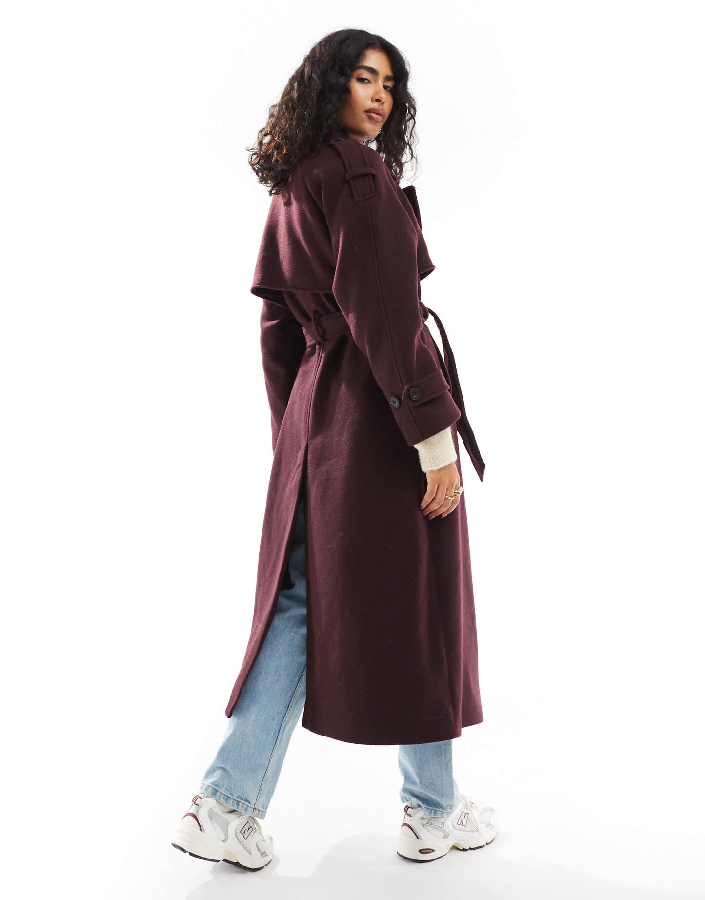 Bershka wool maxi trench coat in burgundy