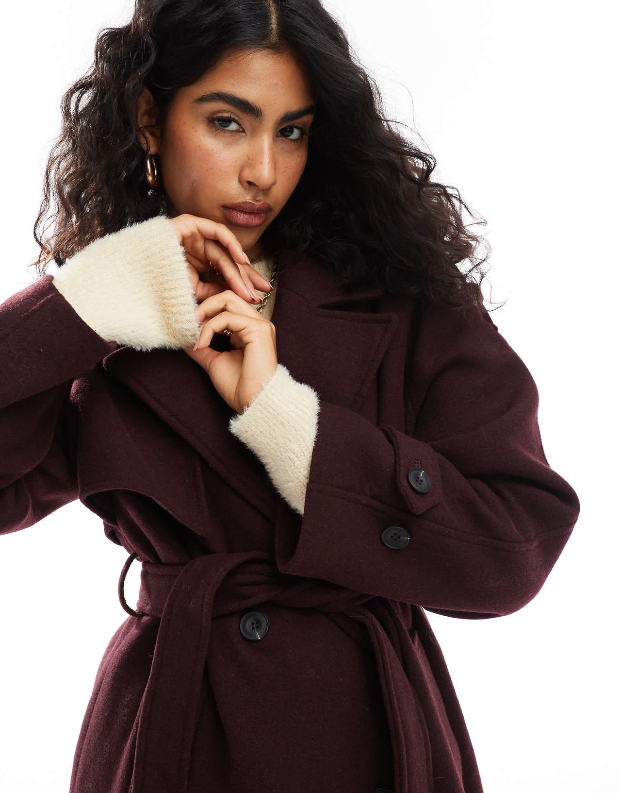 Bershka wool maxi trench coat in burgundy