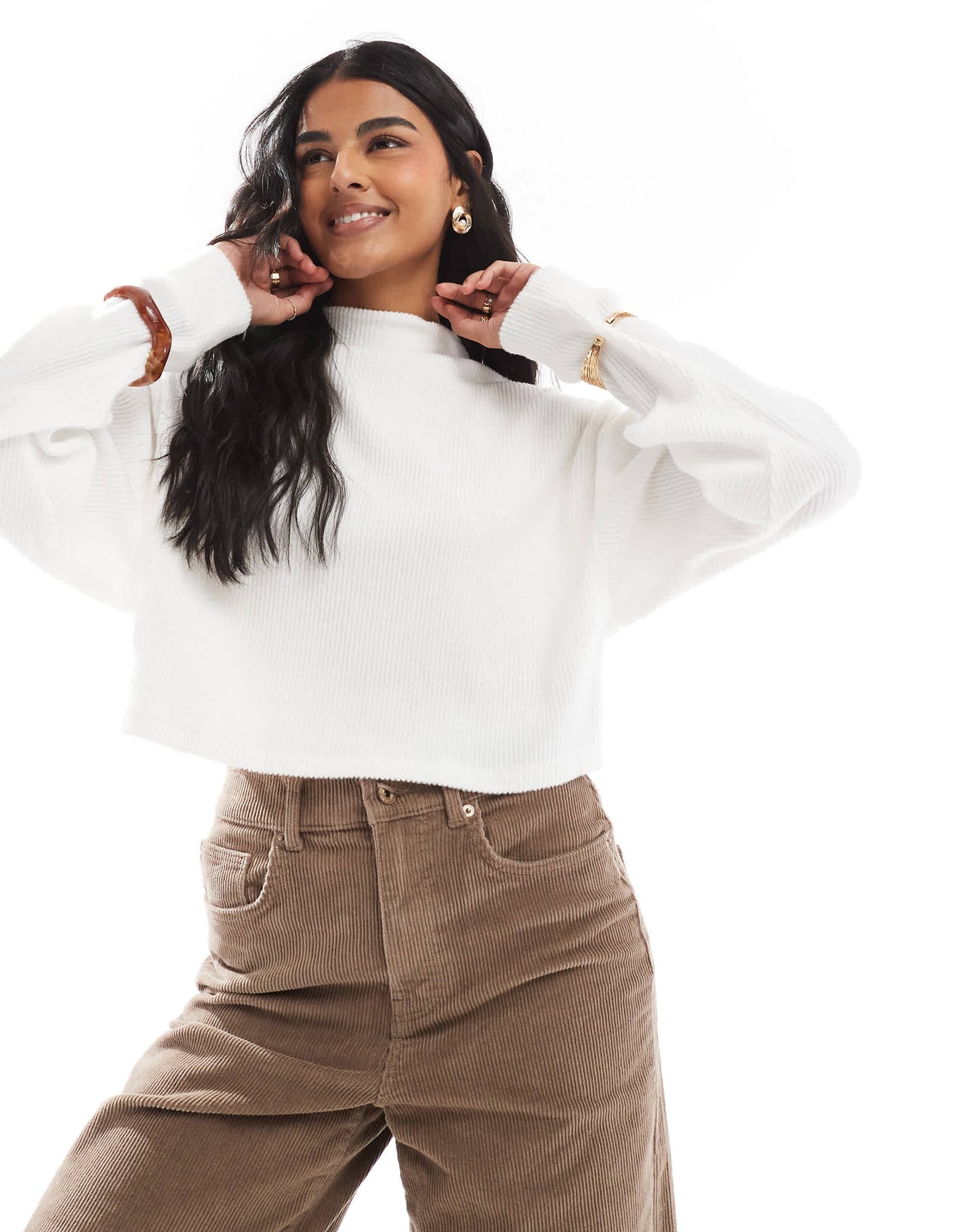 Bershka soft touch high neck top co-ord in ecru