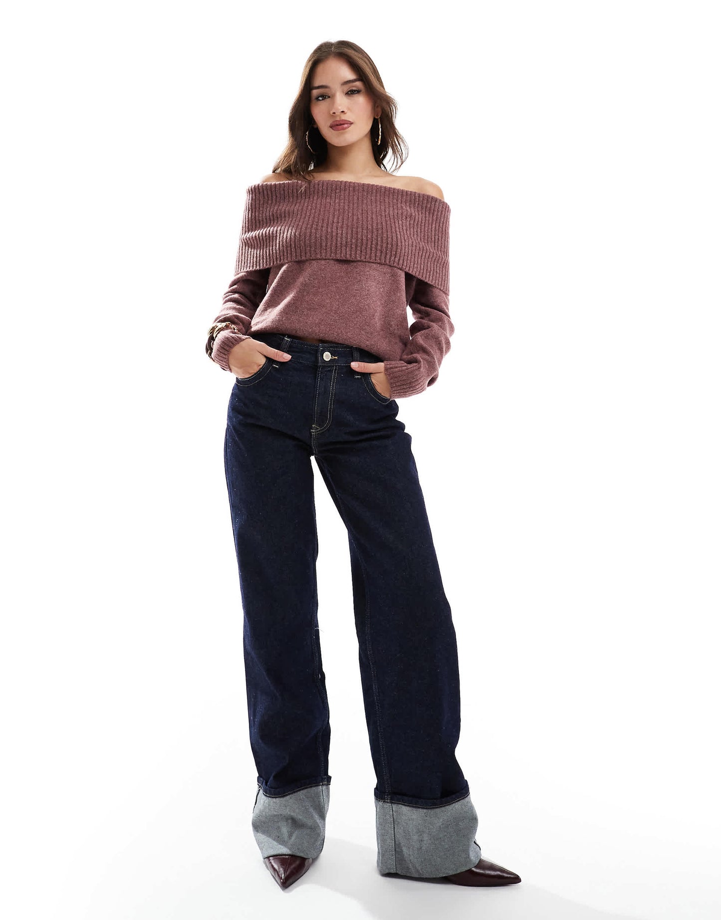 Bershka turn up wide leg jeans in dark wash