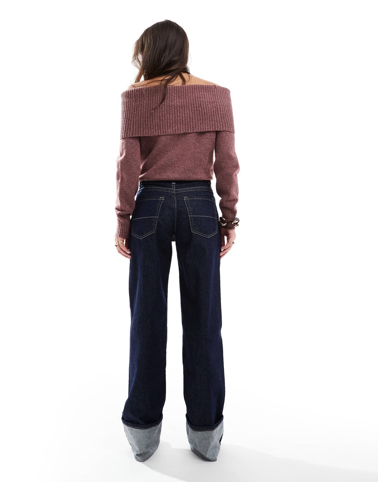 Bershka turn up wide leg jeans in dark wash