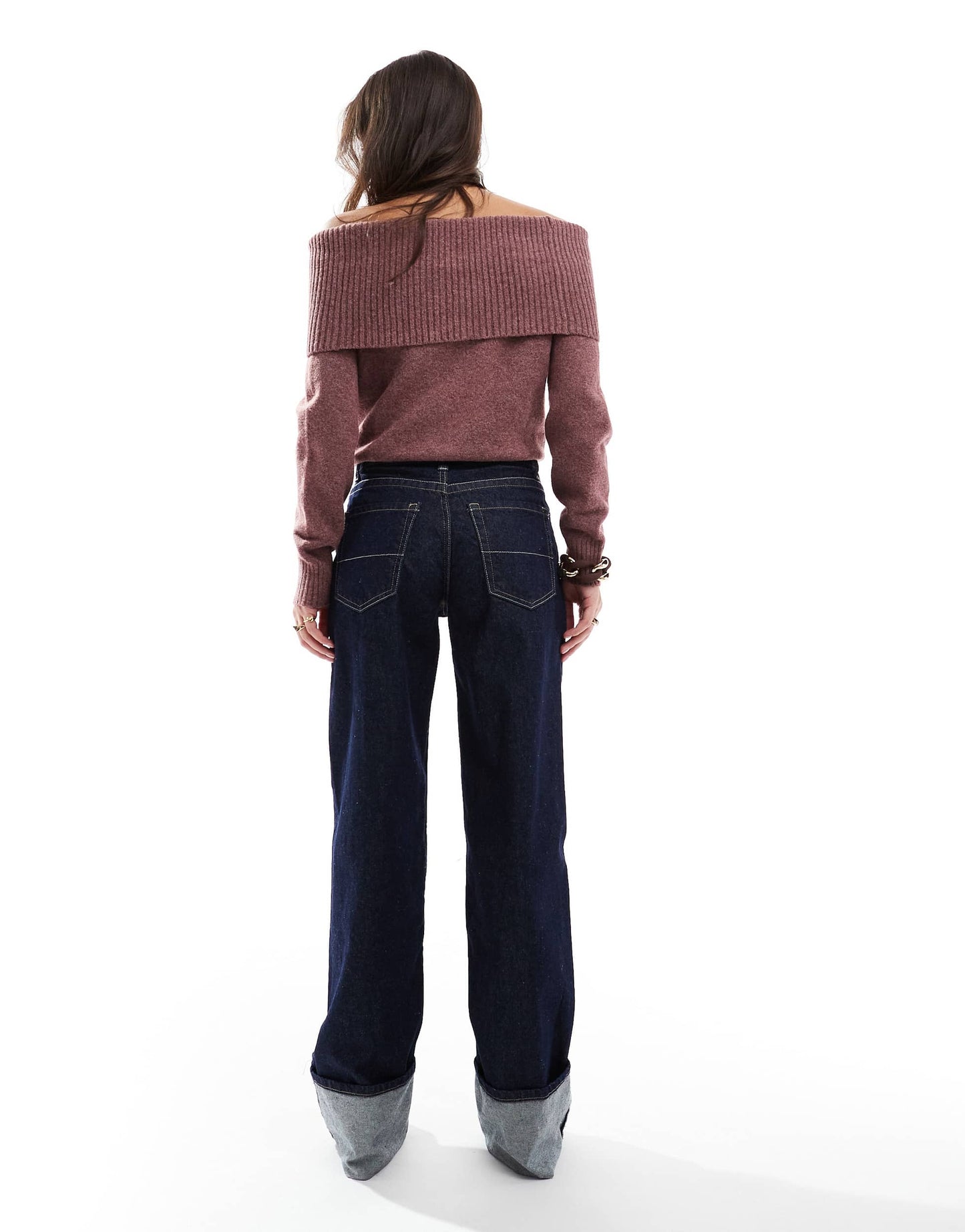 Bershka turn up wide leg jeans in dark wash