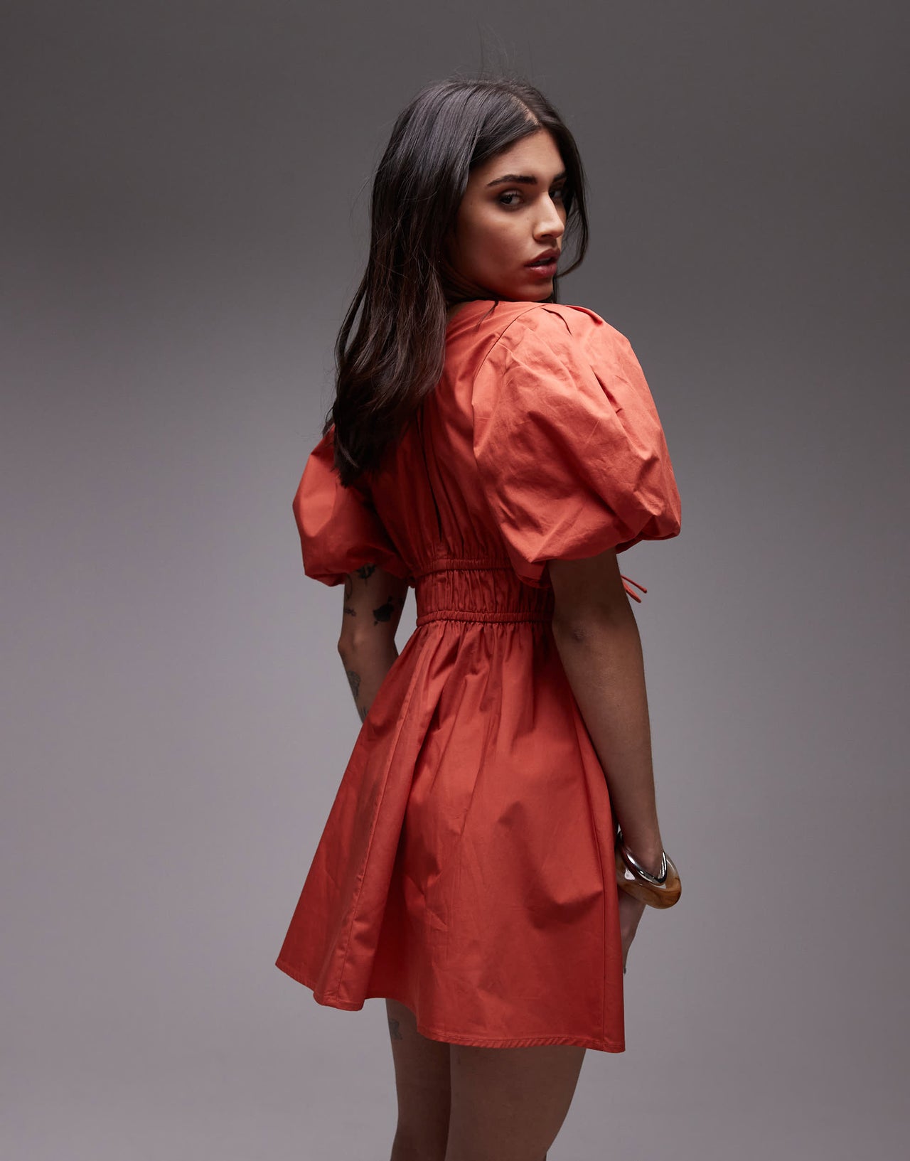 Topshop v neck puff sleeve mini dress in rust brown