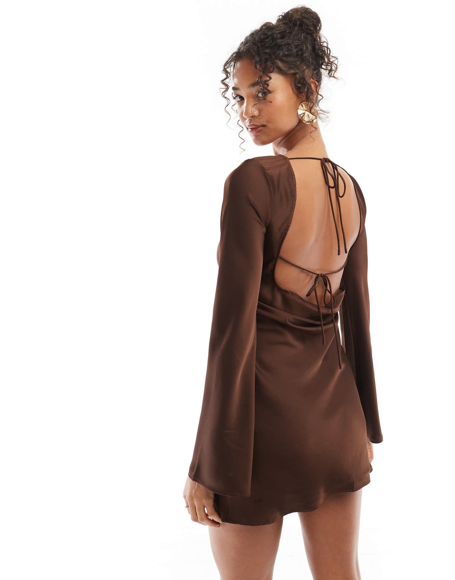Bershka tie back satin mini dress in chocolate