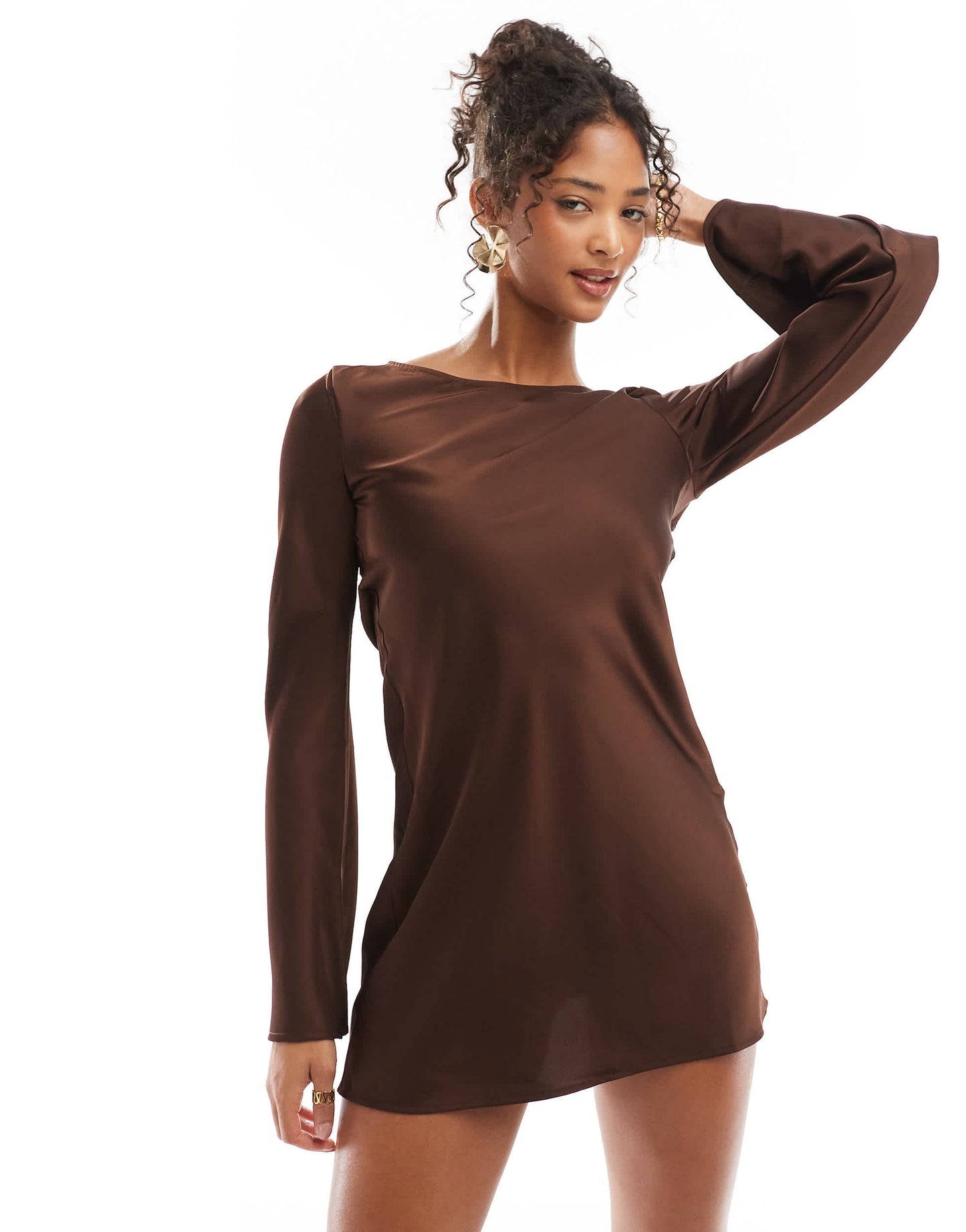 Bershka tie back satin mini dress in chocolate